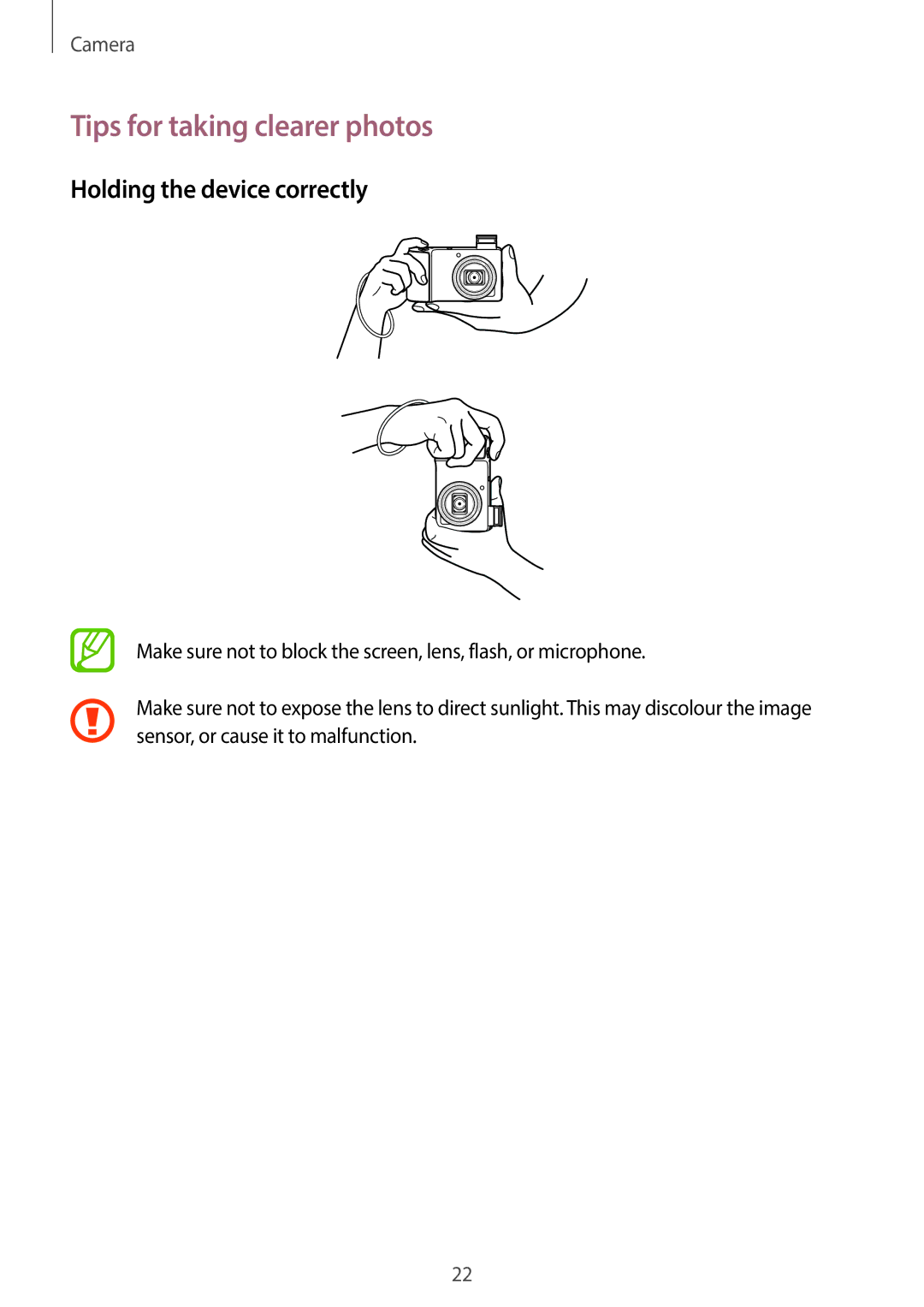 Samsung EK-GC100 user manual Tips for taking clearer photos, Holding the device correctly 