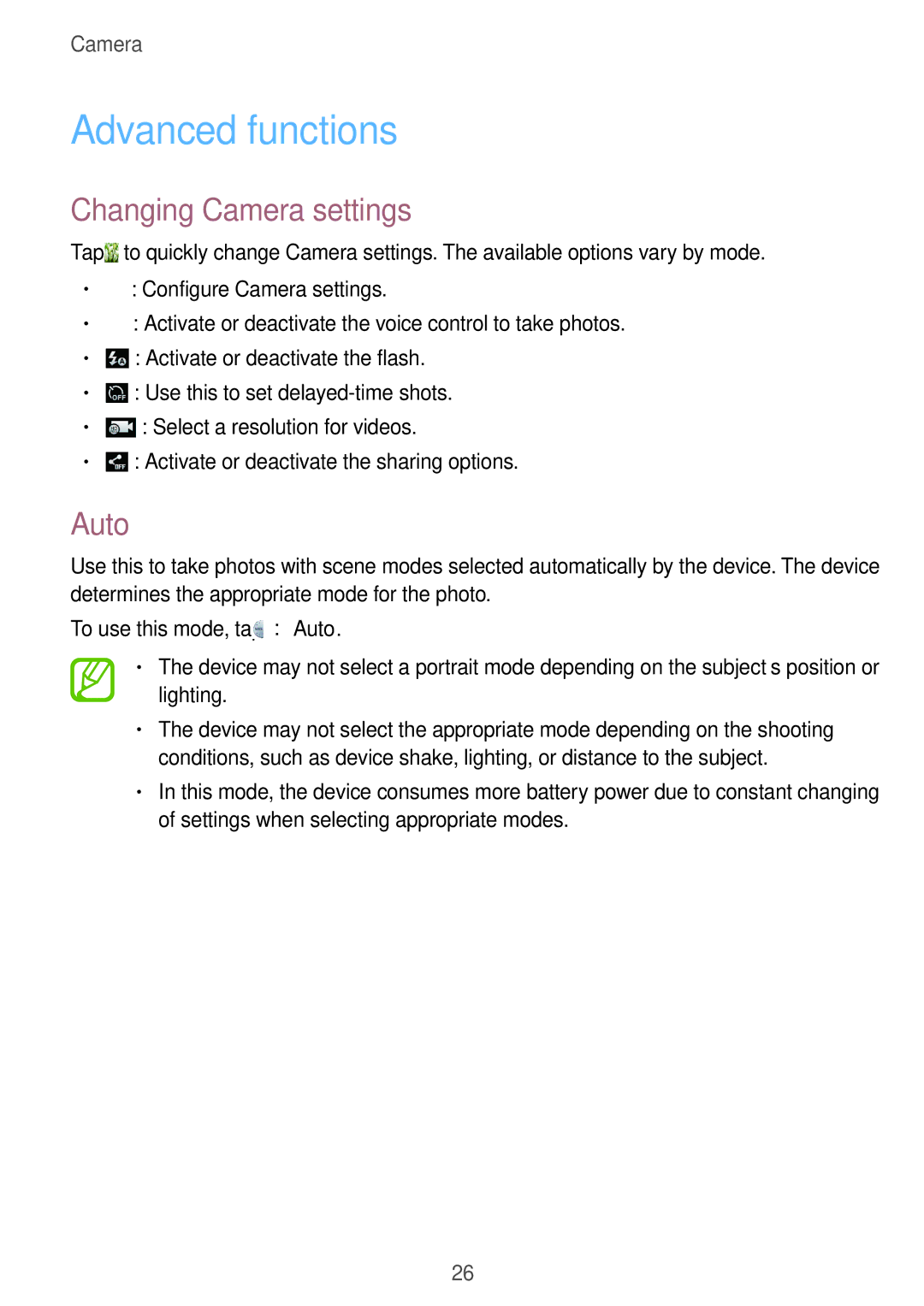 Samsung EK-GC100 user manual Advanced functions, Changing Camera settings, Auto 