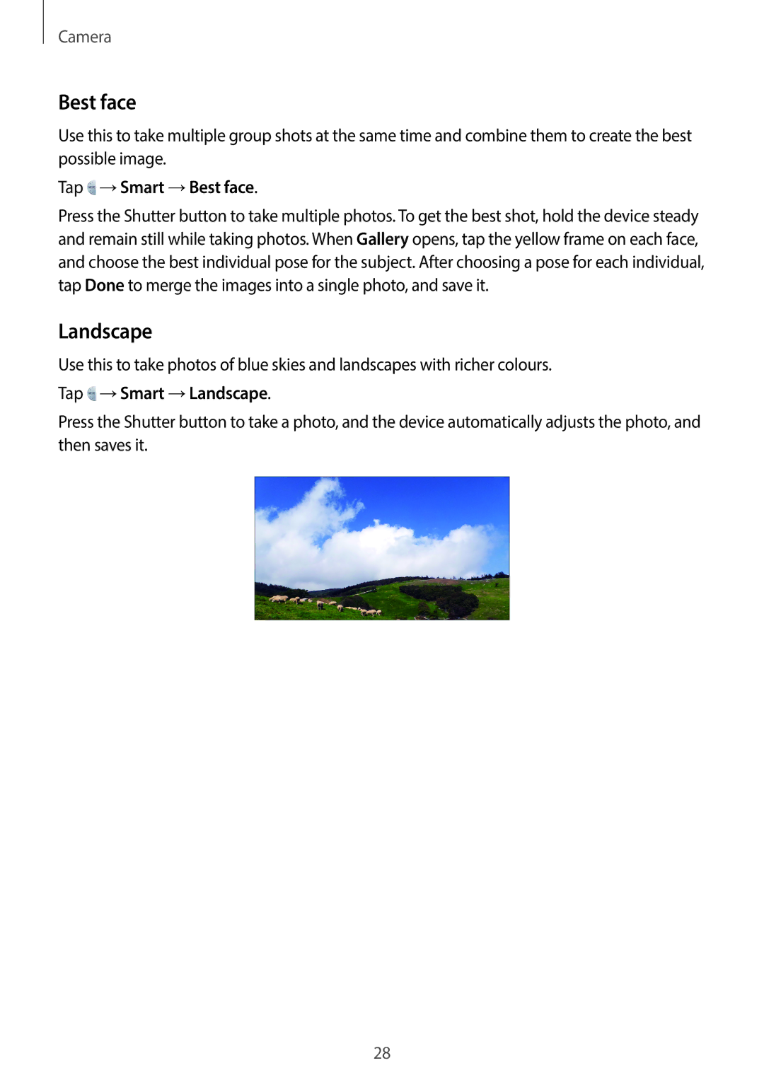 Samsung EK-GC100 user manual Tap →Smart →Best face, Tap →Smart →Landscape 