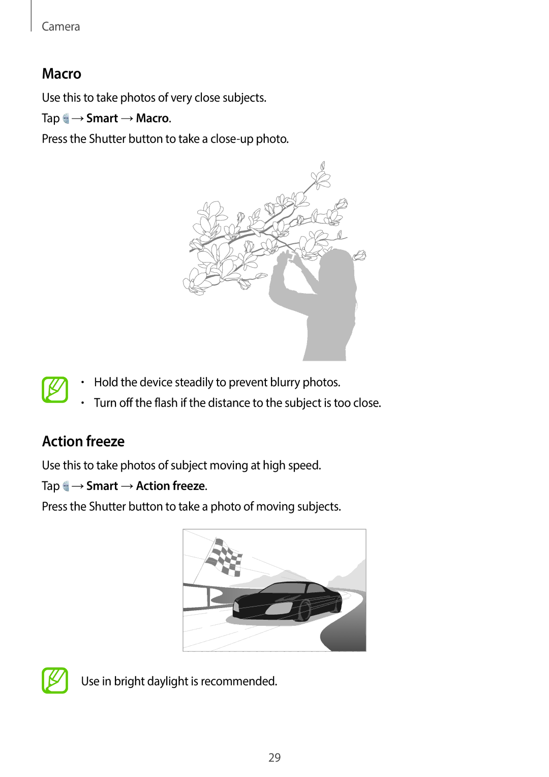 Samsung EK-GC100 user manual Action freeze, Tap →Smart →Macro 