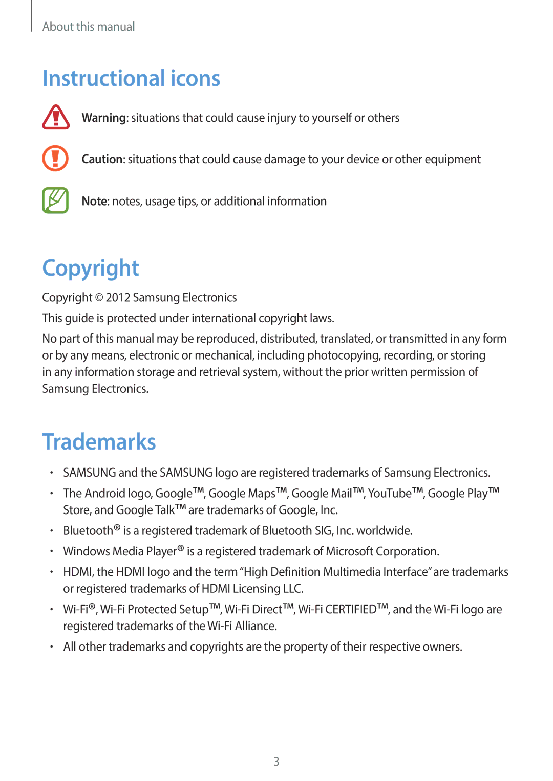 Samsung EK-GC100 user manual Instructional icons Copyright, Trademarks 