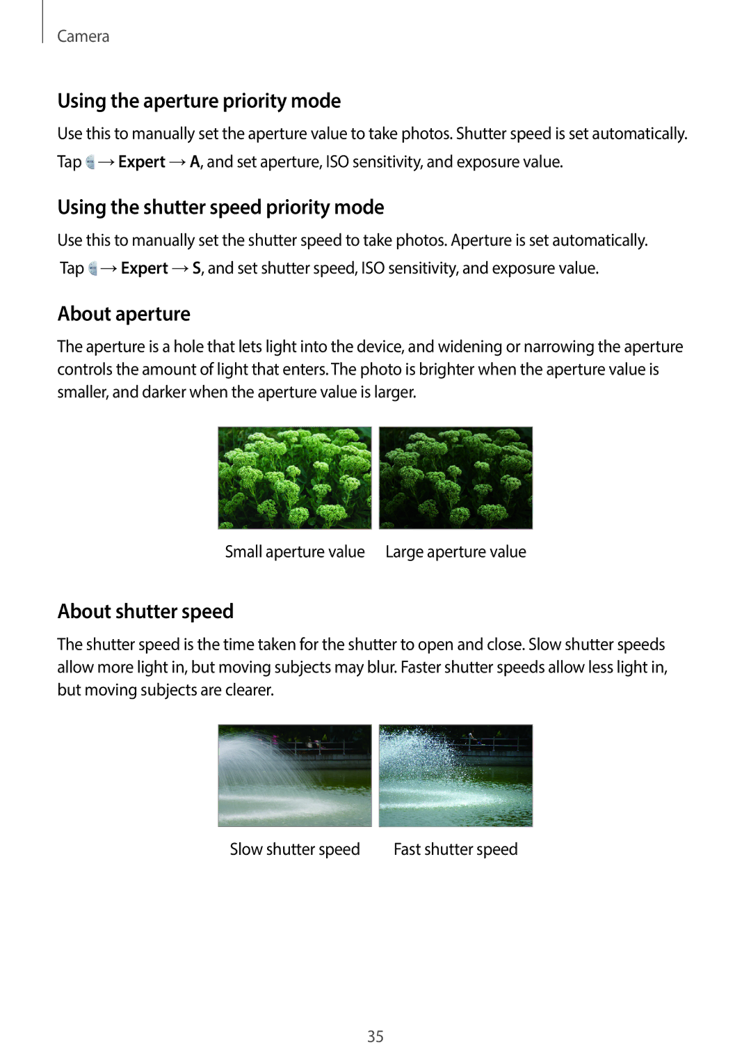 Samsung EK-GC100 user manual Using the aperture priority mode, Using the shutter speed priority mode, About aperture 