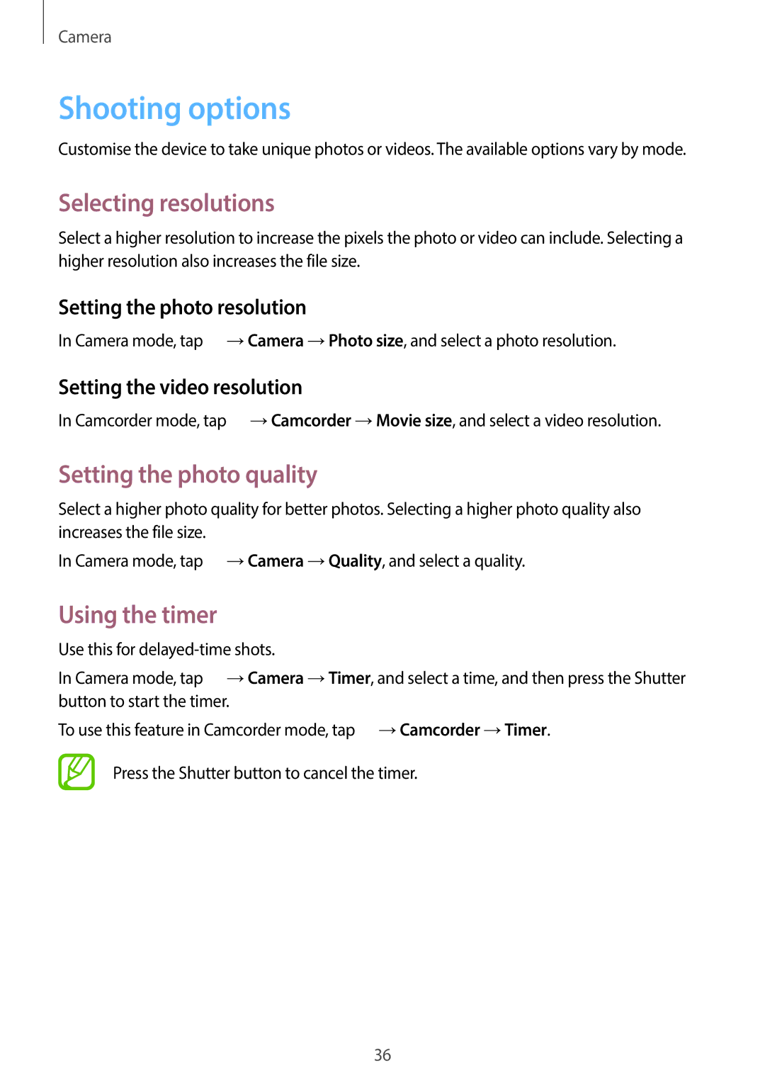 Samsung EK-GC100 user manual Shooting options, Selecting resolutions, Setting the photo quality, Using the timer 