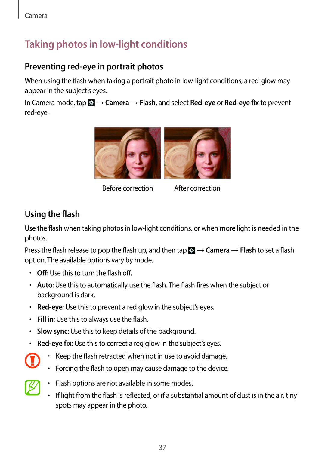 Samsung EK-GC100 user manual Taking photos in low-light conditions, Preventing red-eye in portrait photos, Using the flash 