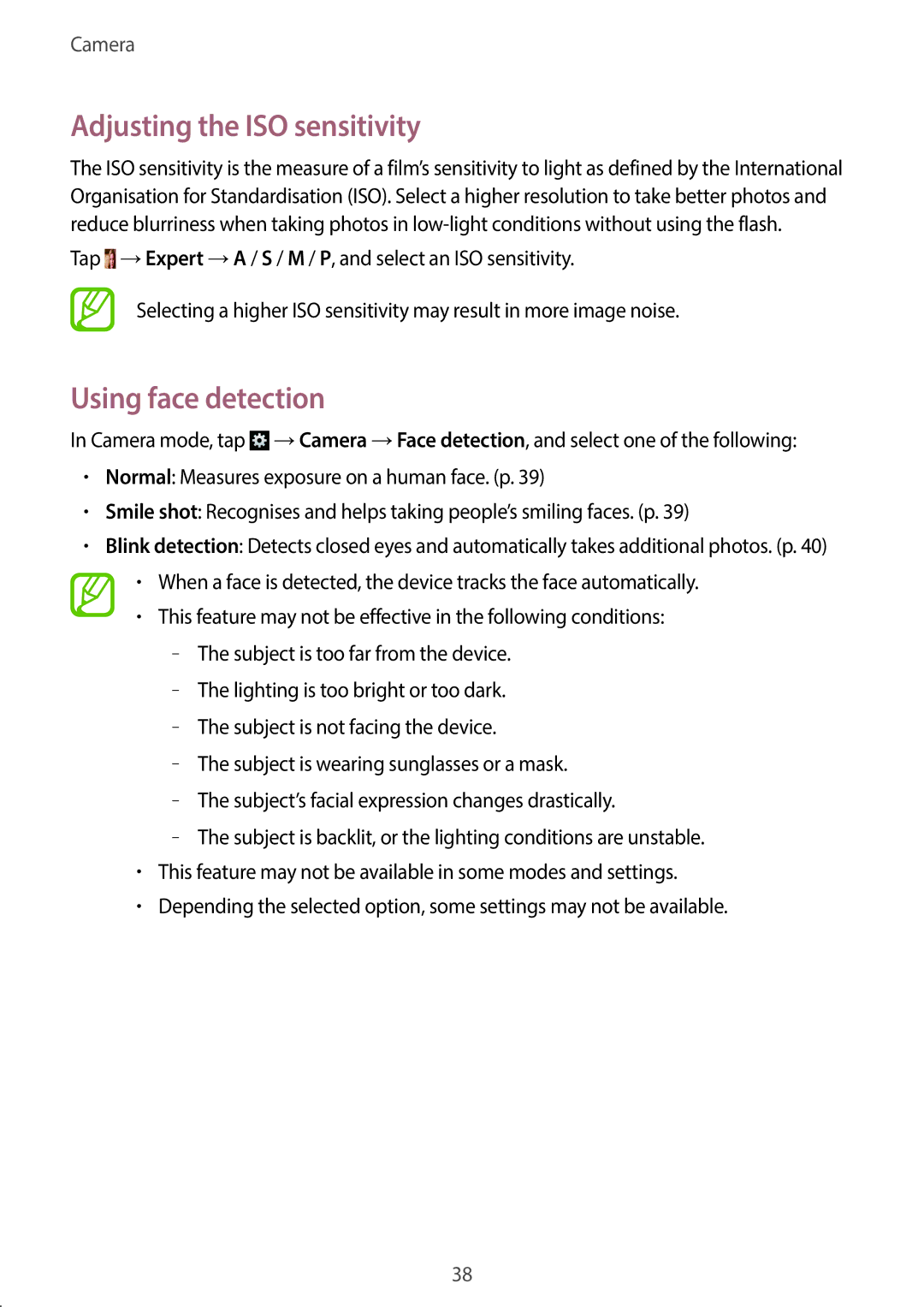 Samsung EK-GC100 user manual Adjusting the ISO sensitivity, Using face detection 