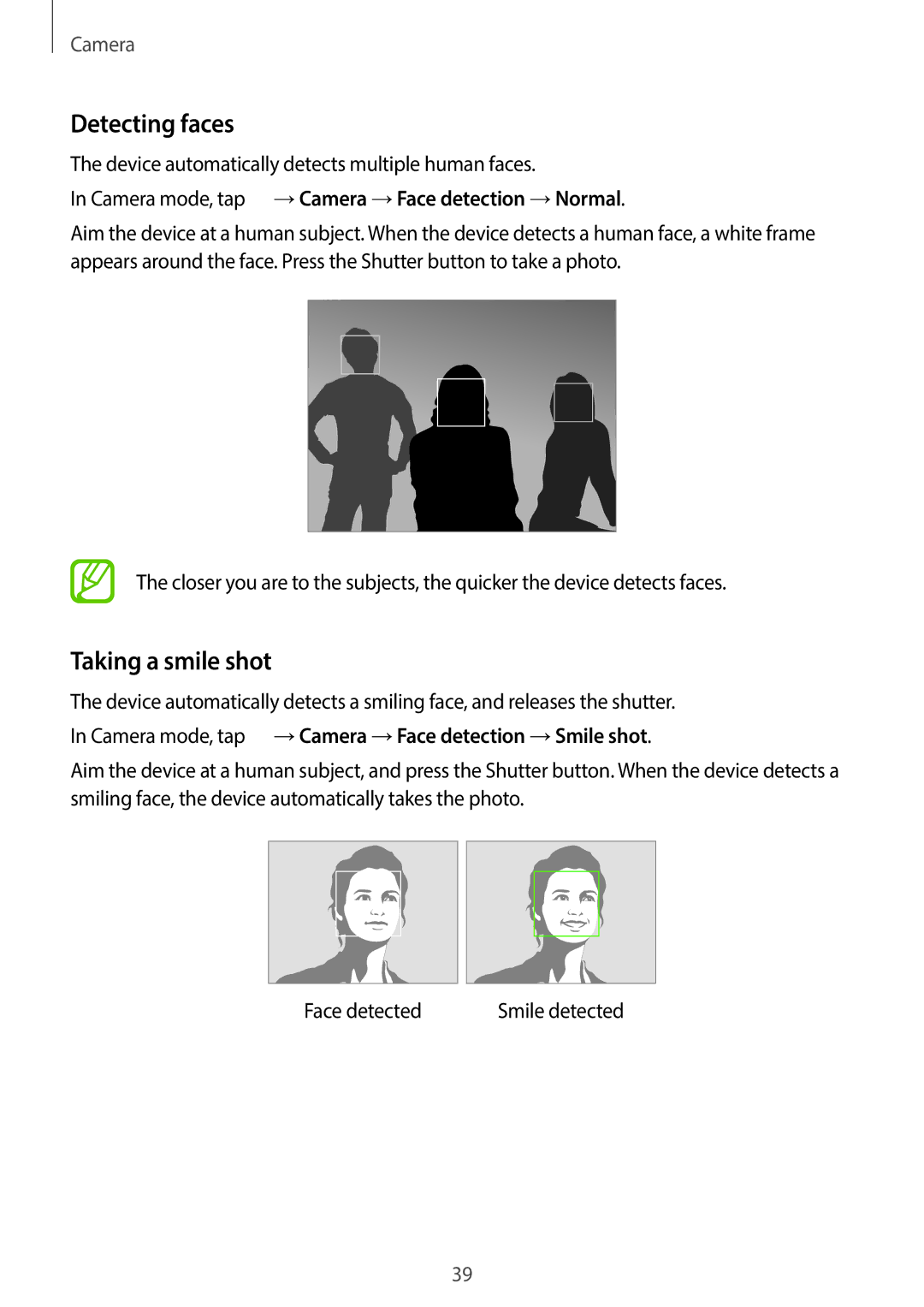 Samsung EK-GC100 user manual Detecting faces, Taking a smile shot, Camera mode, tap →Camera →Face detection →Normal 