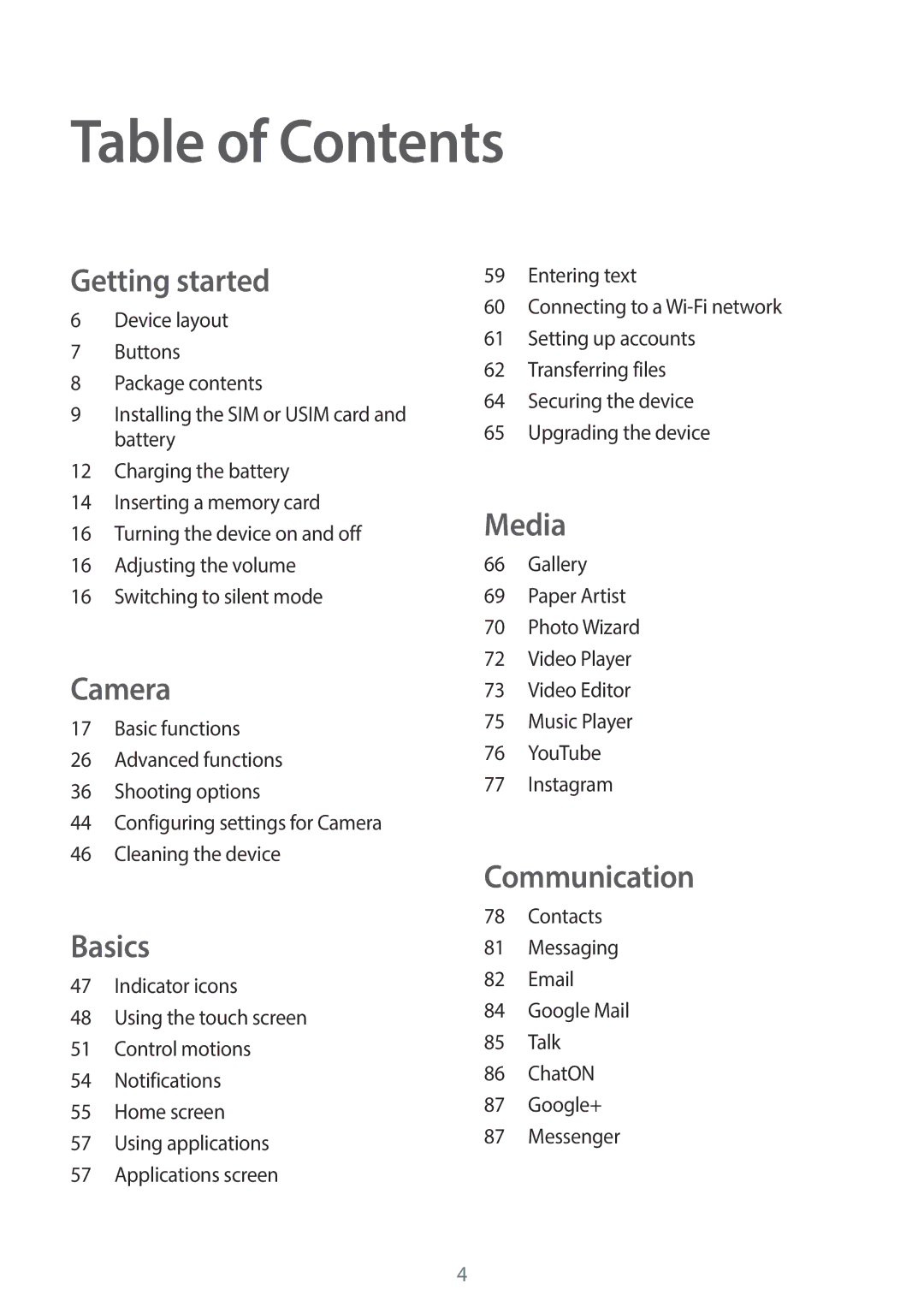 Samsung EK-GC100 user manual Table of Contents 