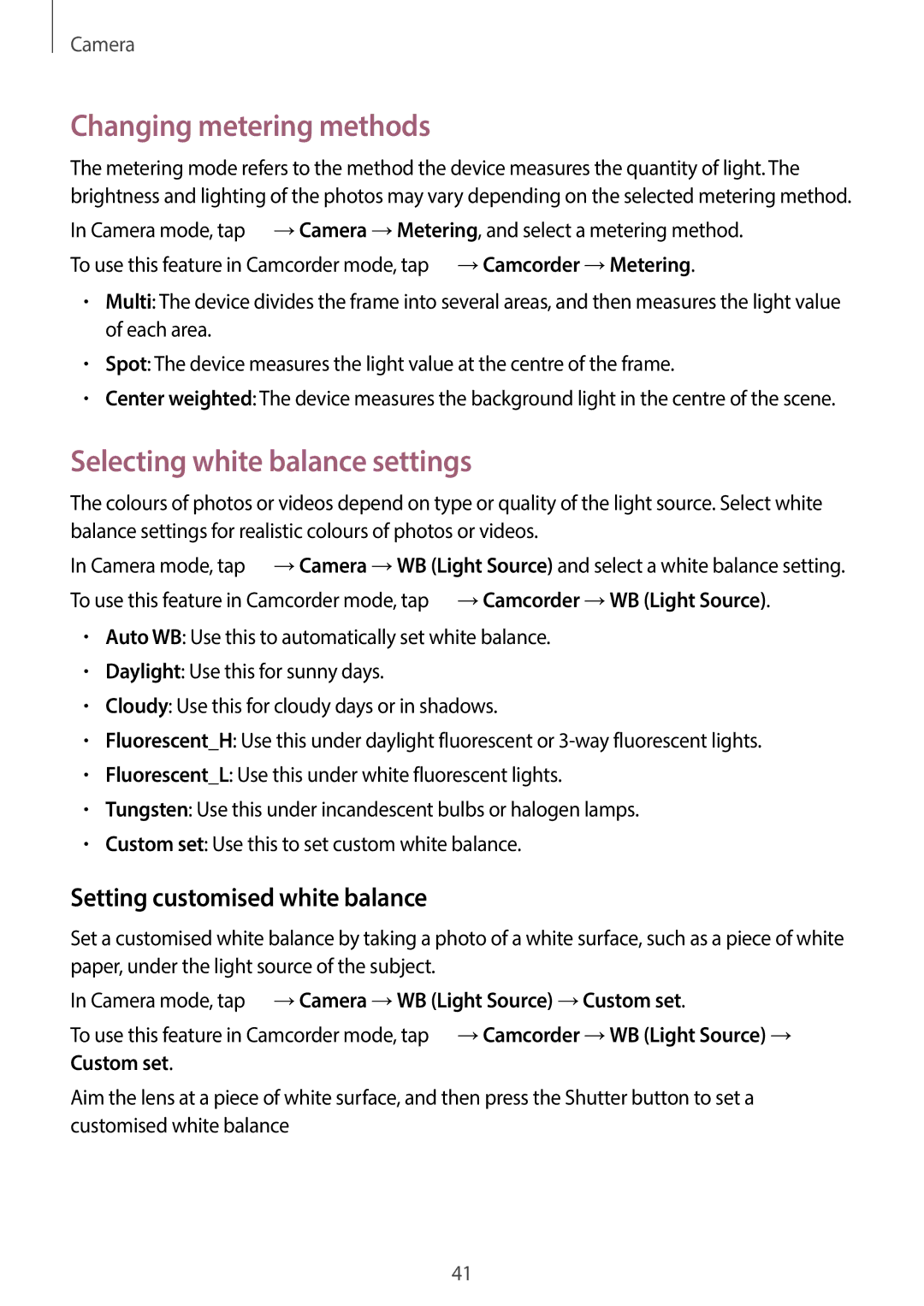 Samsung EK-GC100 user manual Changing metering methods, Selecting white balance settings, Setting customised white balance 