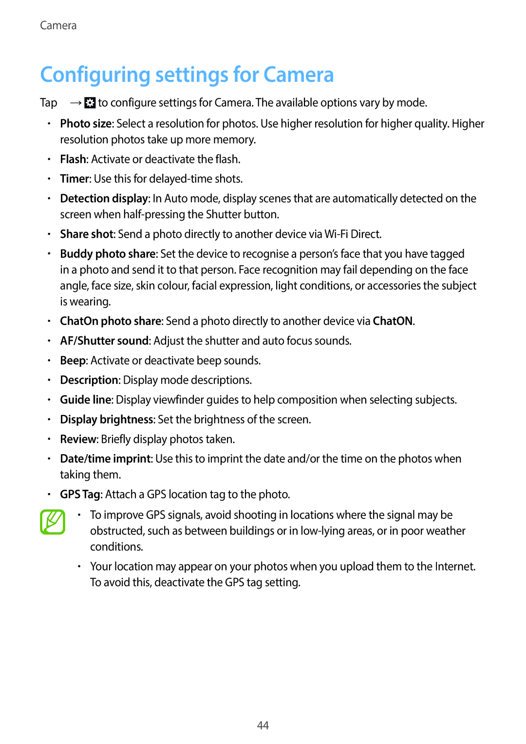 Samsung EK-GC100 user manual Configuring settings for Camera 