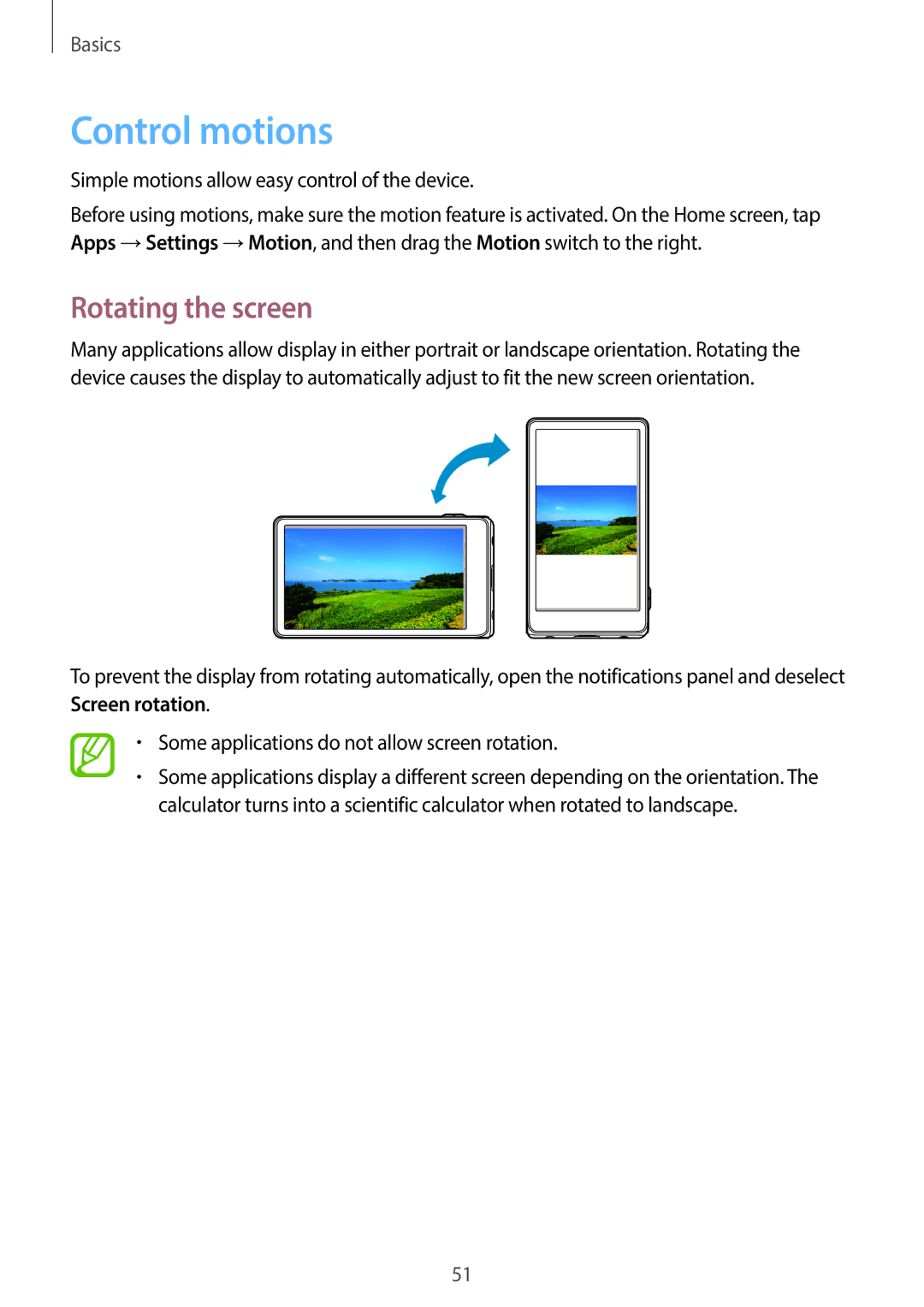 Samsung EK-GC100 user manual Control motions, Rotating the screen 