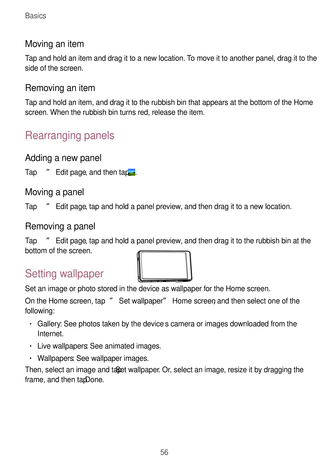 Samsung EK-GC100 user manual Rearranging panels, Setting wallpaper 