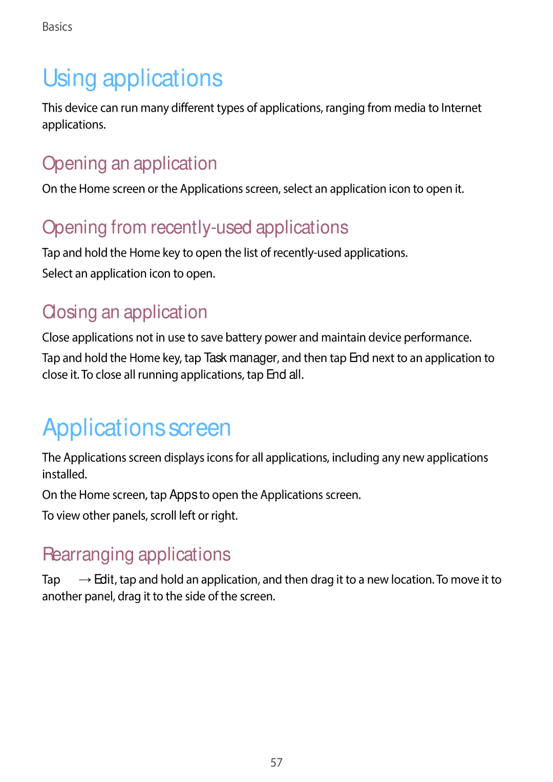 Samsung EK-GC100 user manual Using applications, Applications screen 