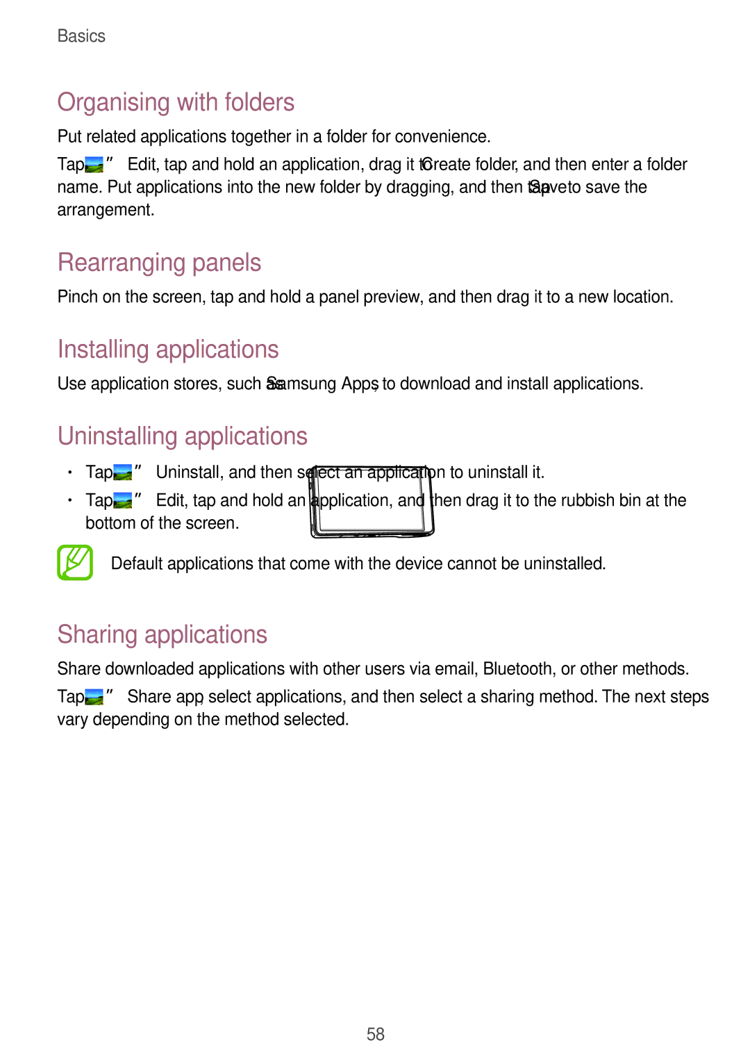 Samsung EK-GC100 Organising with folders, Installing applications, Uninstalling applications, Sharing applications 