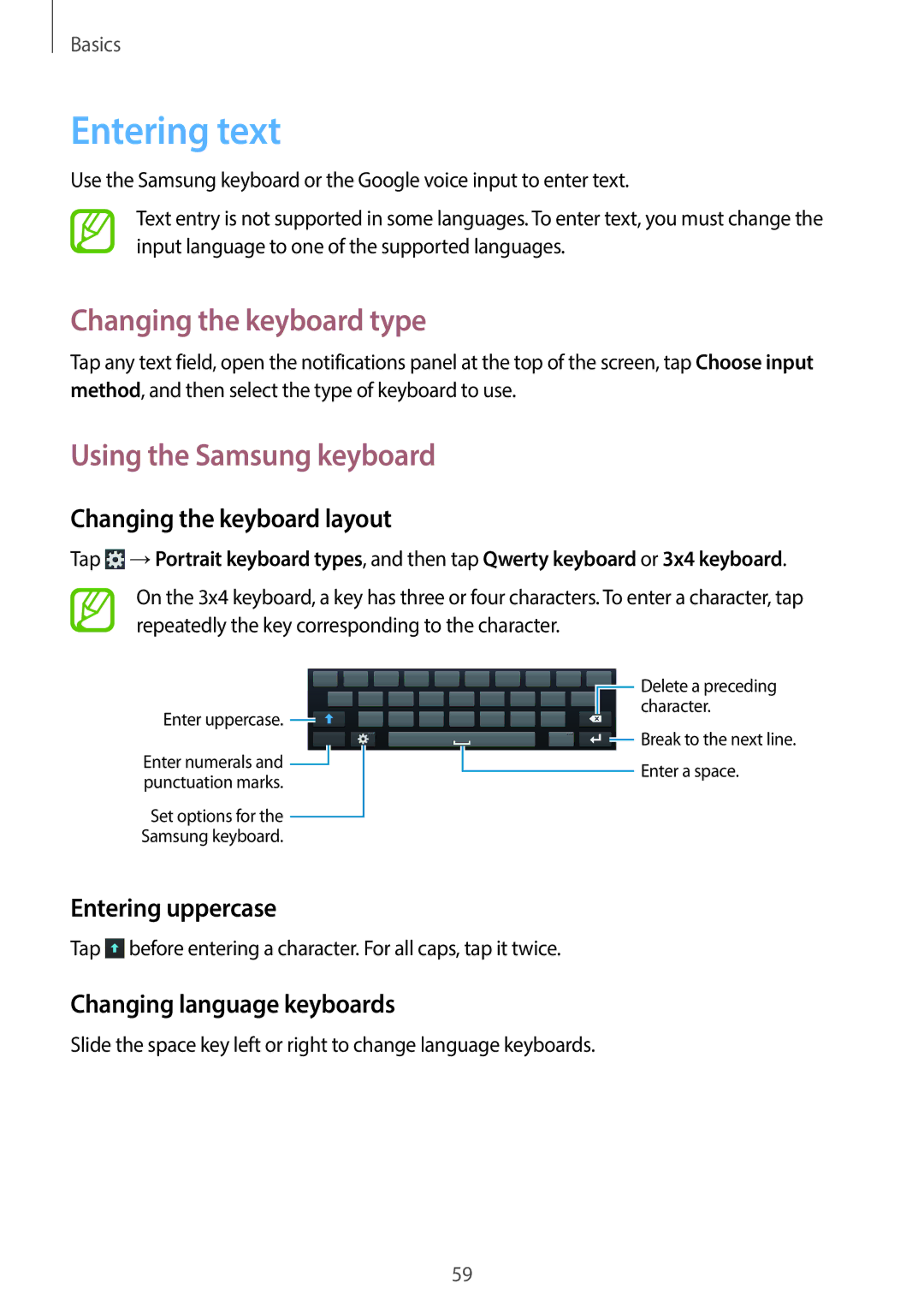 Samsung EK-GC100 user manual Entering text, Changing the keyboard type, Using the Samsung keyboard 