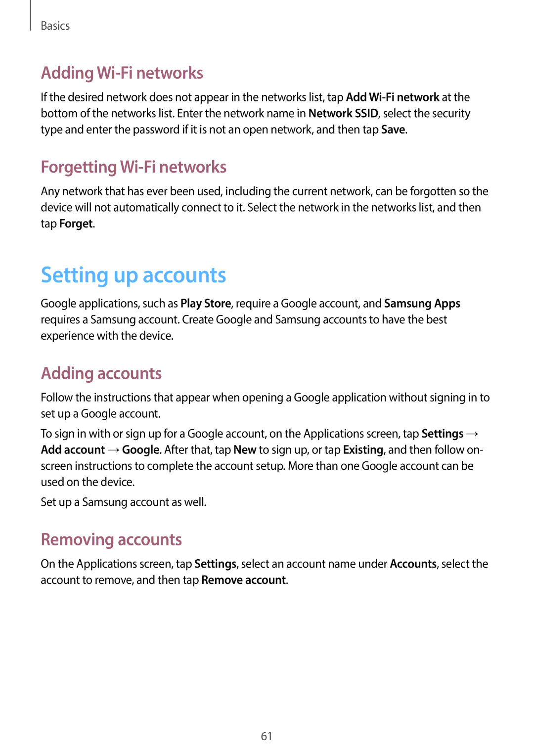 Samsung EK-GC100 Setting up accounts, Adding Wi-Fi networks, Forgetting Wi-Fi networks, Adding accounts, Removing accounts 