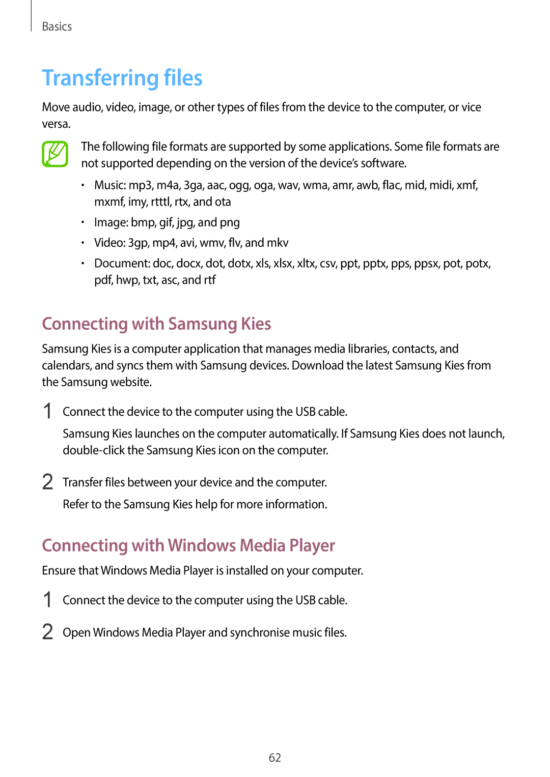 Samsung EK-GC100 user manual Transferring files, Connecting with Samsung Kies, Connecting with Windows Media Player 