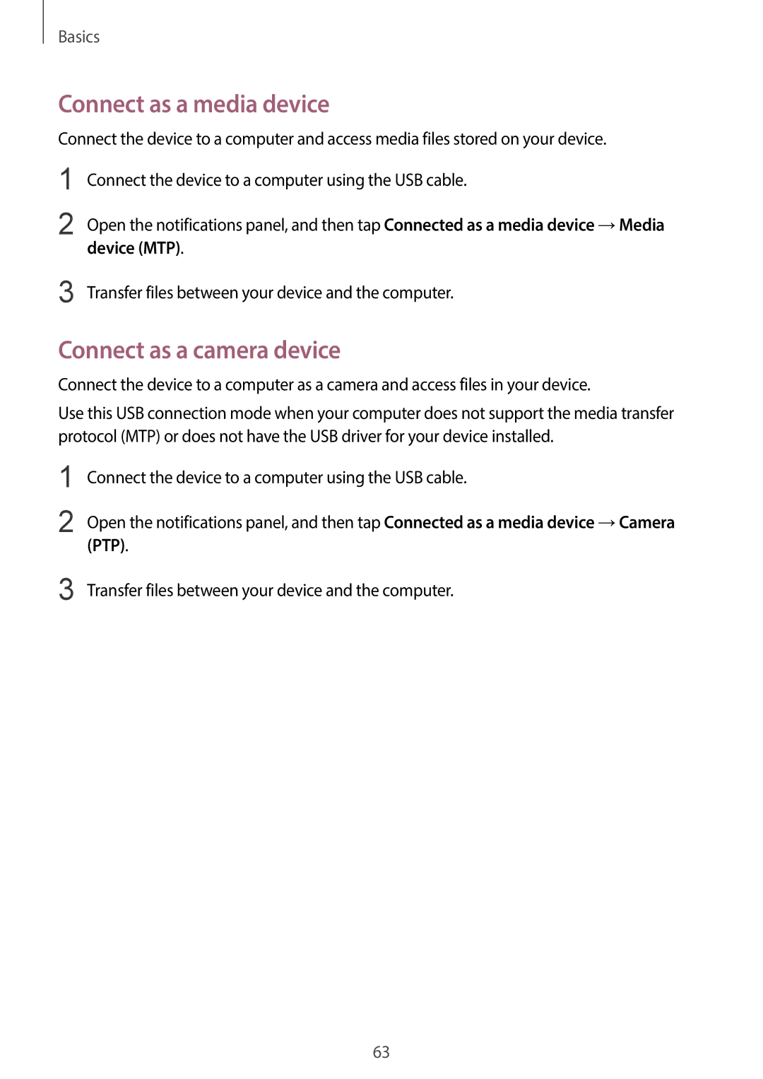 Samsung EK-GC100 user manual Connect as a media device, Connect as a camera device, Device MTP, Ptp 