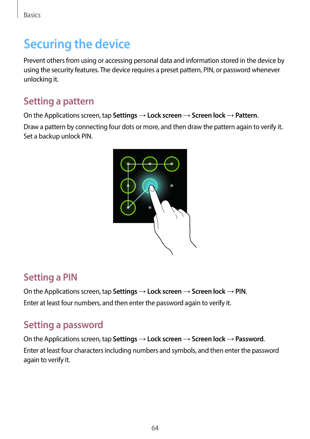 Samsung EK-GC100 user manual Securing the device, Setting a pattern, Setting a PIN, Setting a password 