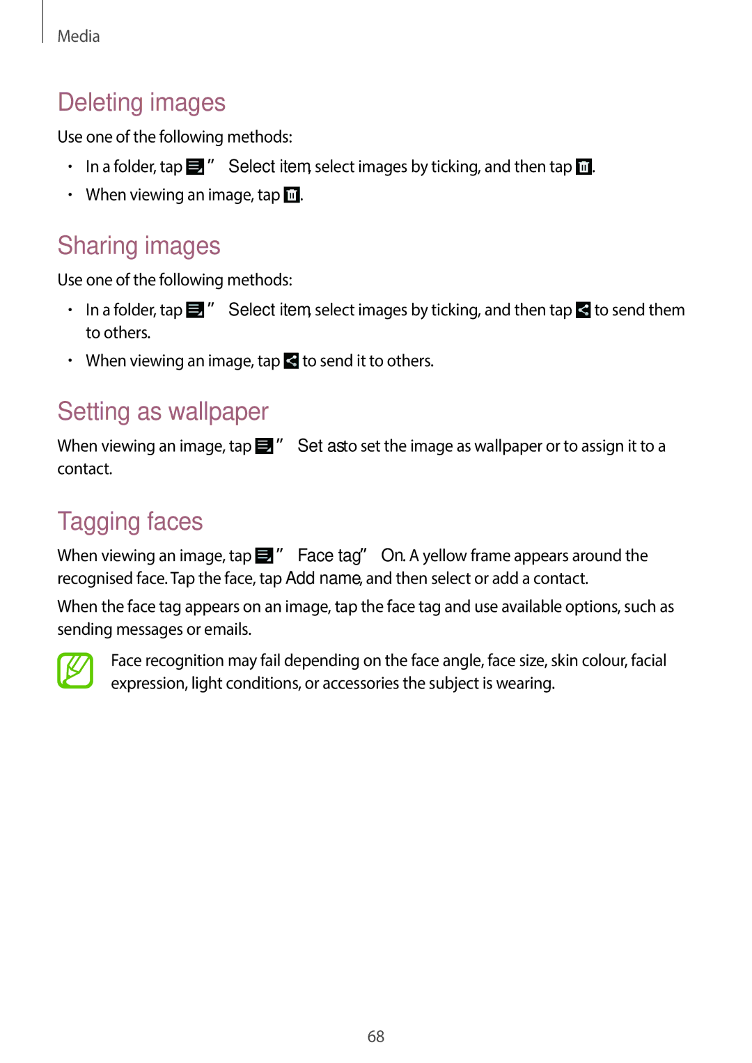 Samsung EK-GC100 user manual Deleting images, Sharing images, Setting as wallpaper, Tagging faces 