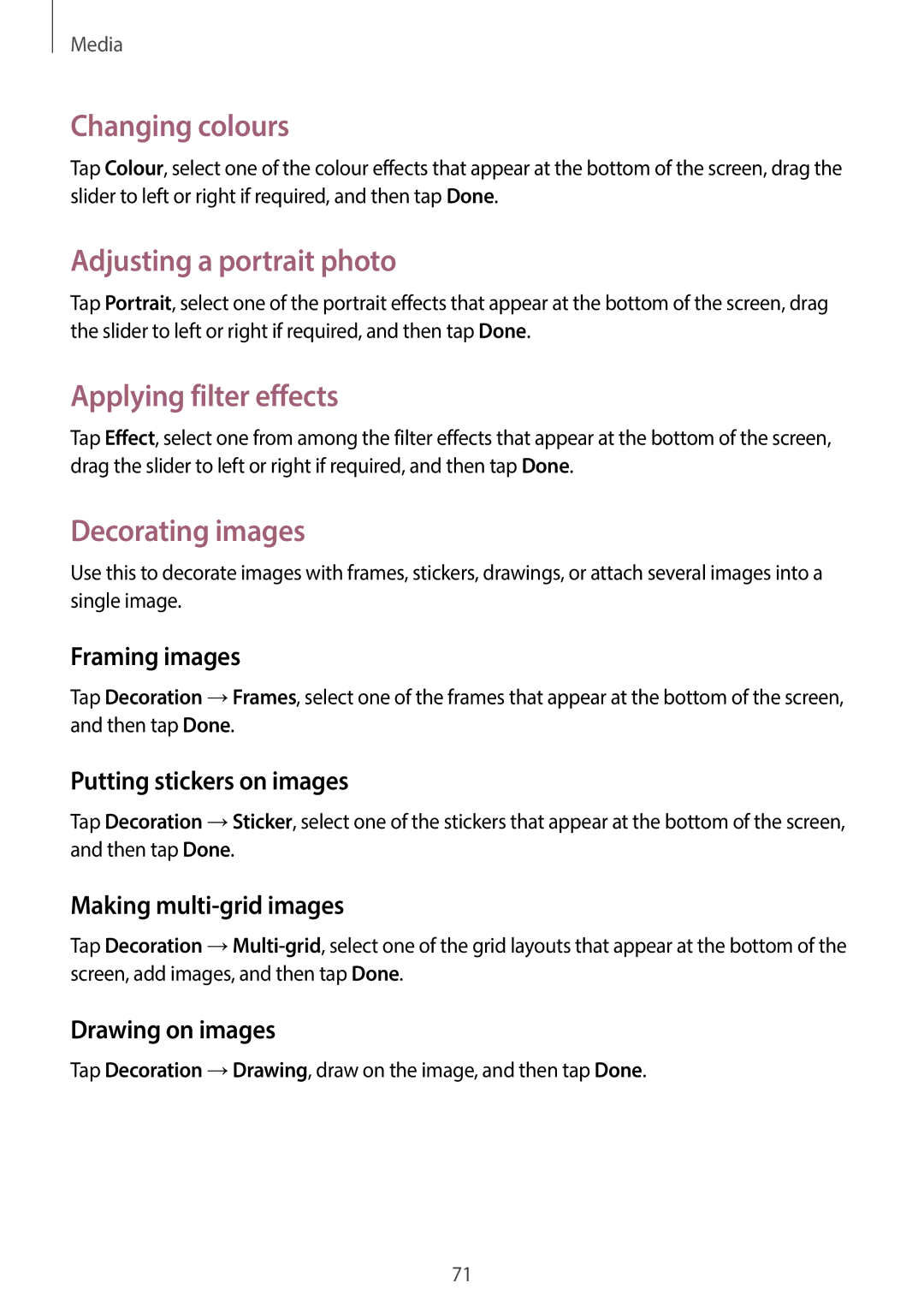 Samsung EK-GC100 user manual Changing colours, Adjusting a portrait photo, Applying filter effects, Decorating images 