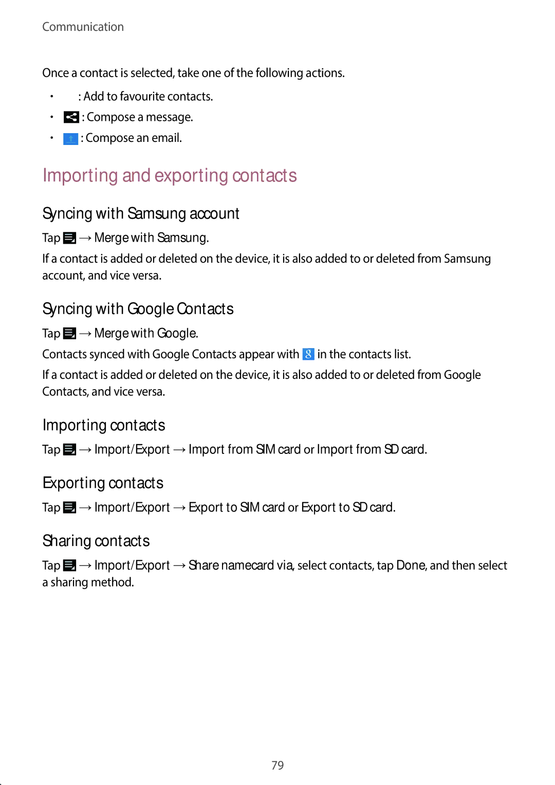 Samsung EK-GC100 user manual Importing and exporting contacts 