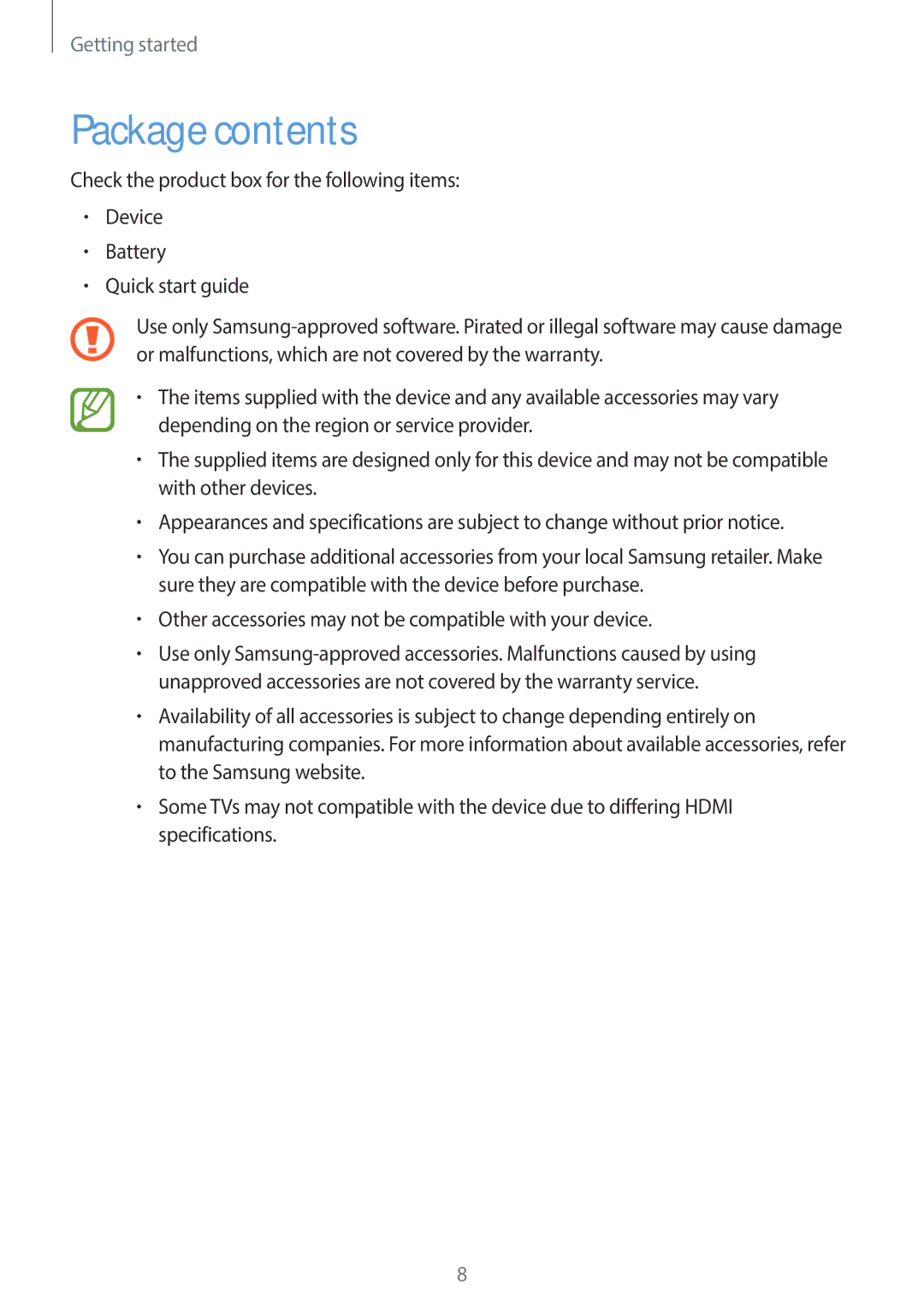 Samsung EK-GC100 user manual Package contents 