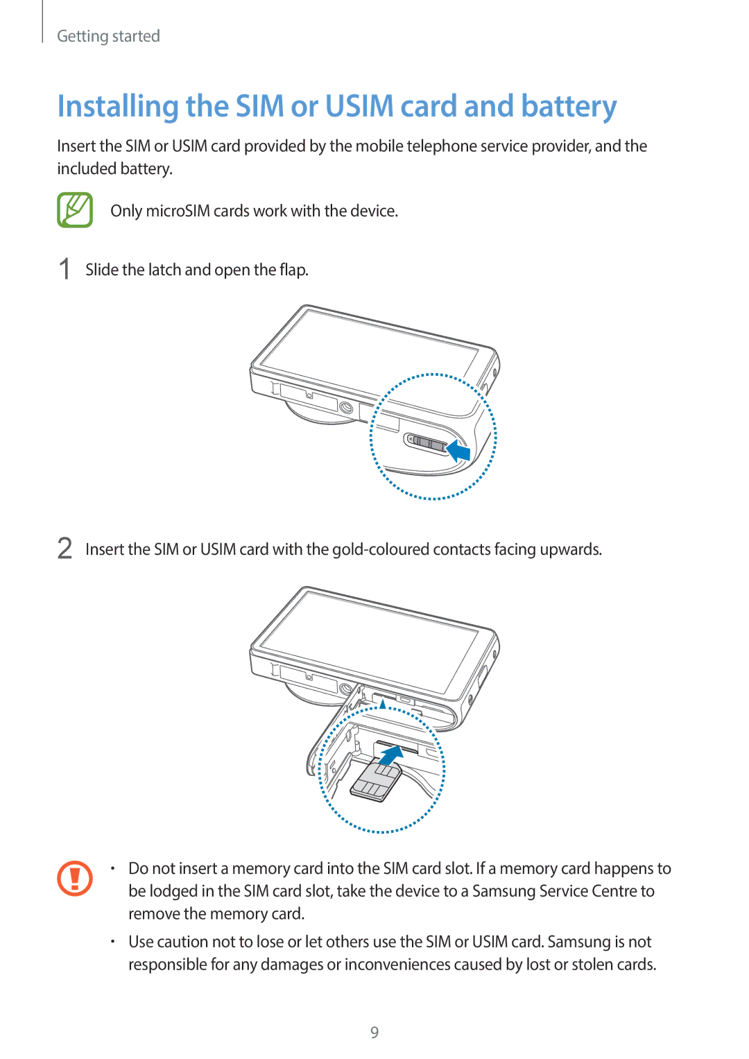 Samsung EK-GC100 user manual Installing the SIM or Usim card and battery 