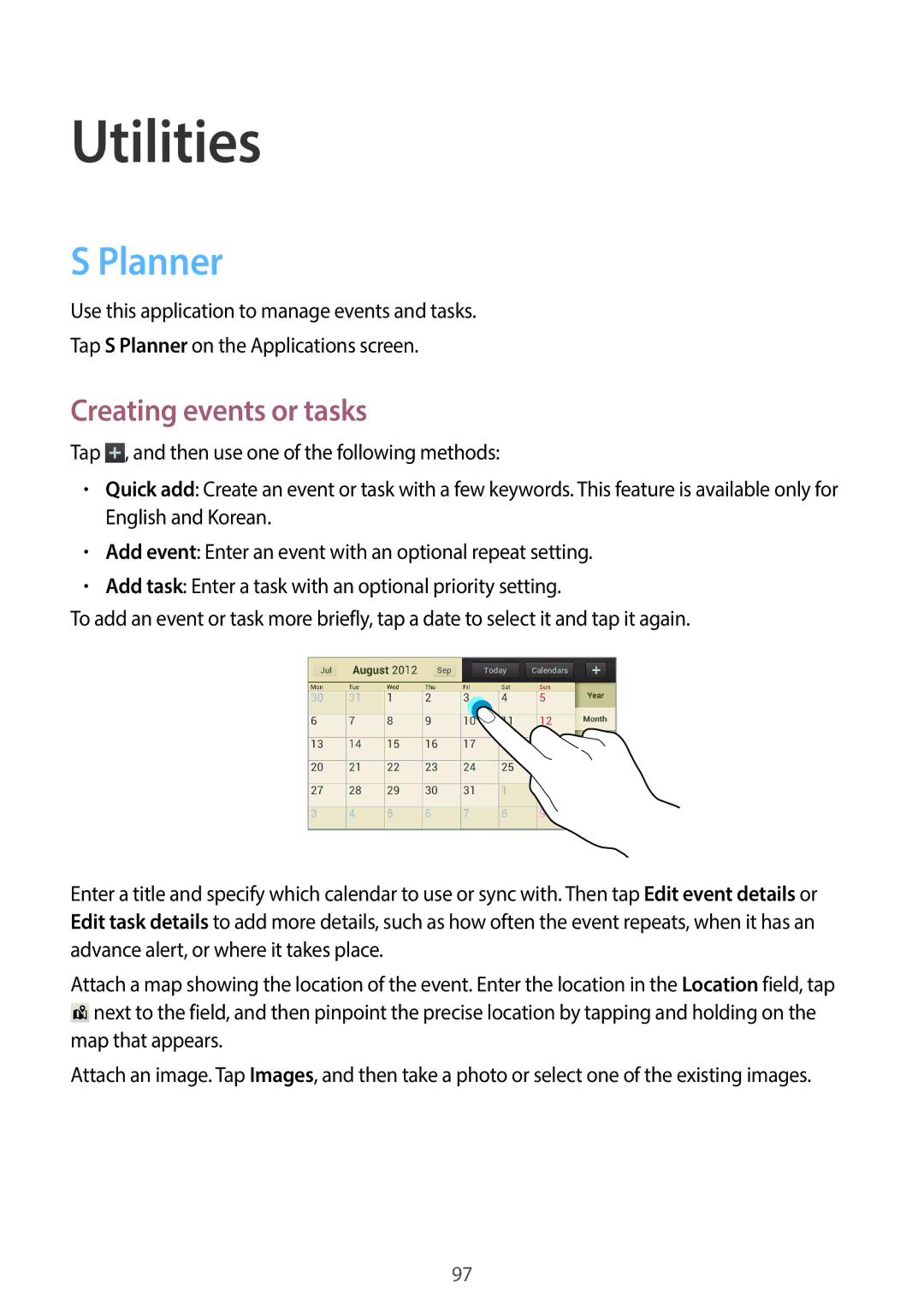 Samsung EK-GC100 user manual Utilities, Planner, Creating events or tasks 