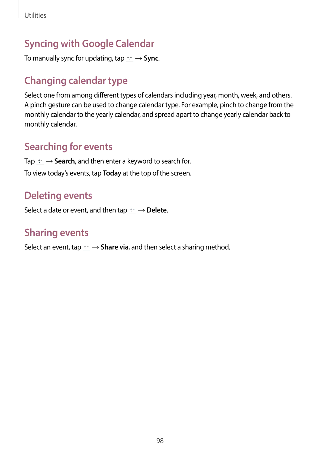 Samsung EK-GC100 user manual Syncing with Google Calendar, Changing calendar type, Searching for events, Deleting events 
