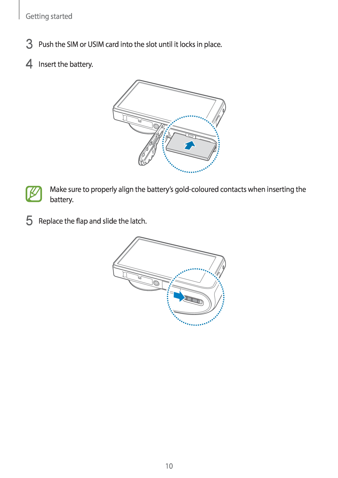 Samsung EK-GC100 Getting started, Push the SIM or USIM card into the slot until it locks in place, Insert the battery 