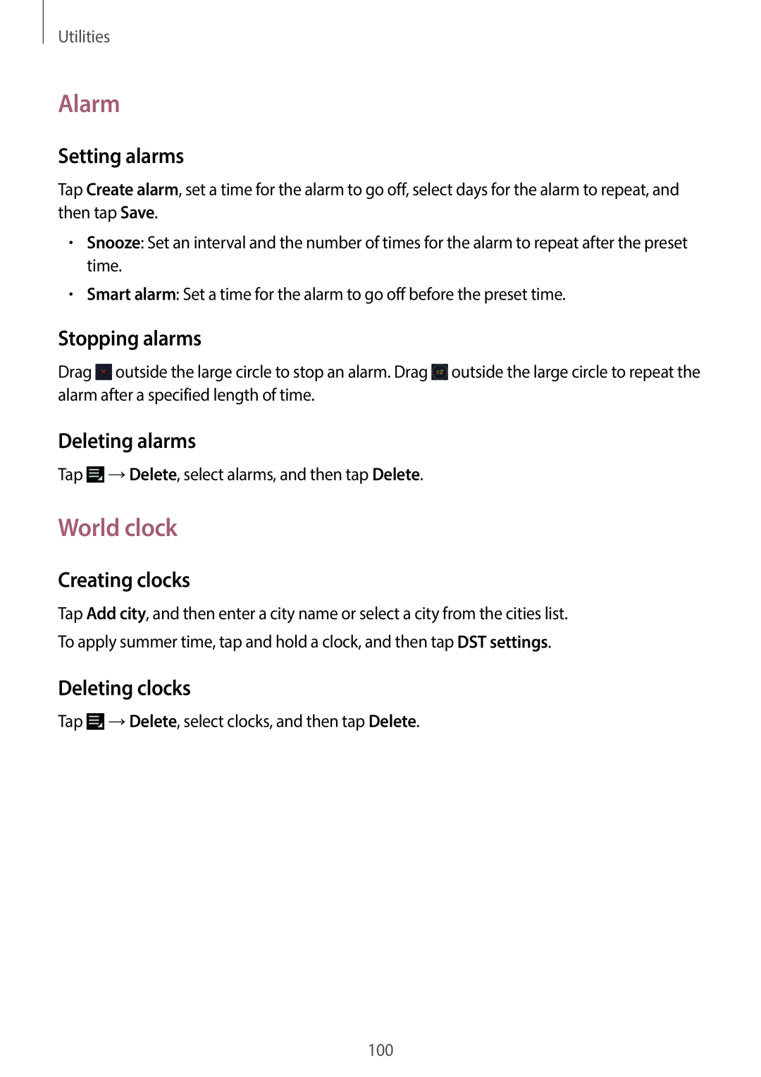 Samsung EK-GC100 Alarm, World clock, Setting alarms, Stopping alarms, Deleting alarms, Creating clocks, Deleting clocks 