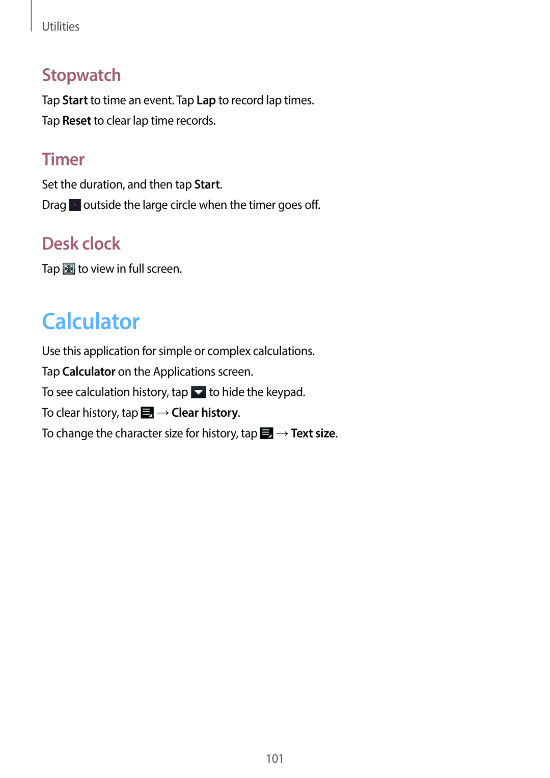 Samsung EK-GC100 user manual Calculator, Stopwatch, Timer, Desk clock, →Clear history, Utilities 
