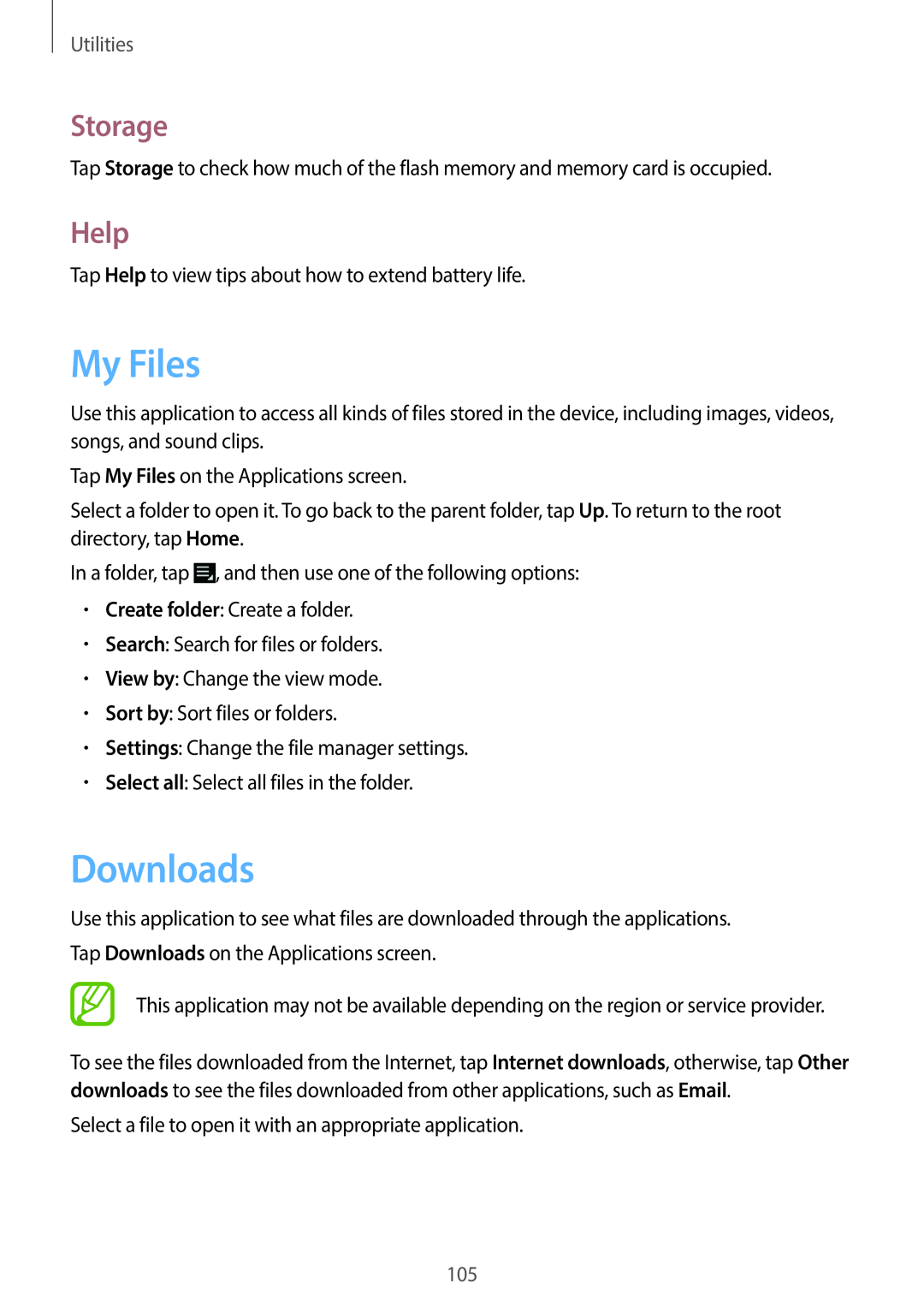 Samsung EK-GC100 user manual My Files, Downloads, Storage, Help, Utilities 