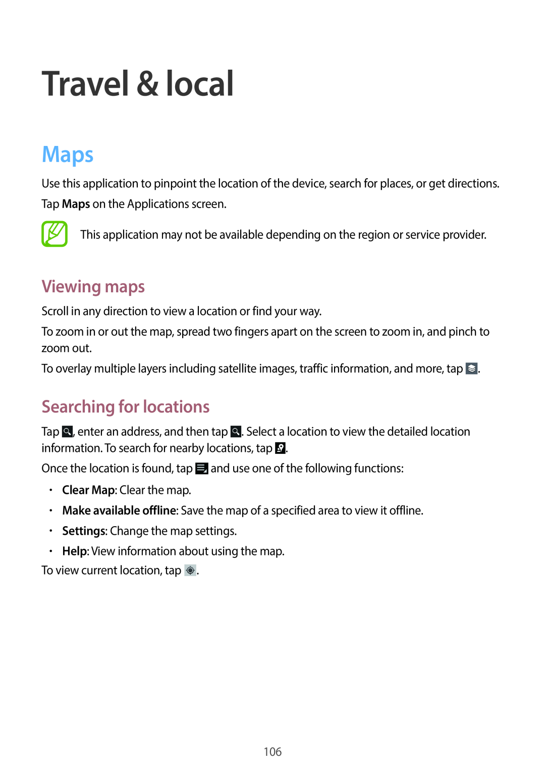 Samsung EK-GC100 user manual Travel & local, Maps, Viewing maps, Searching for locations 