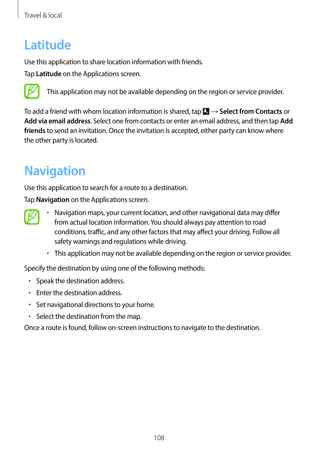Samsung EK-GC100 user manual Latitude, Navigation, Travel & local 