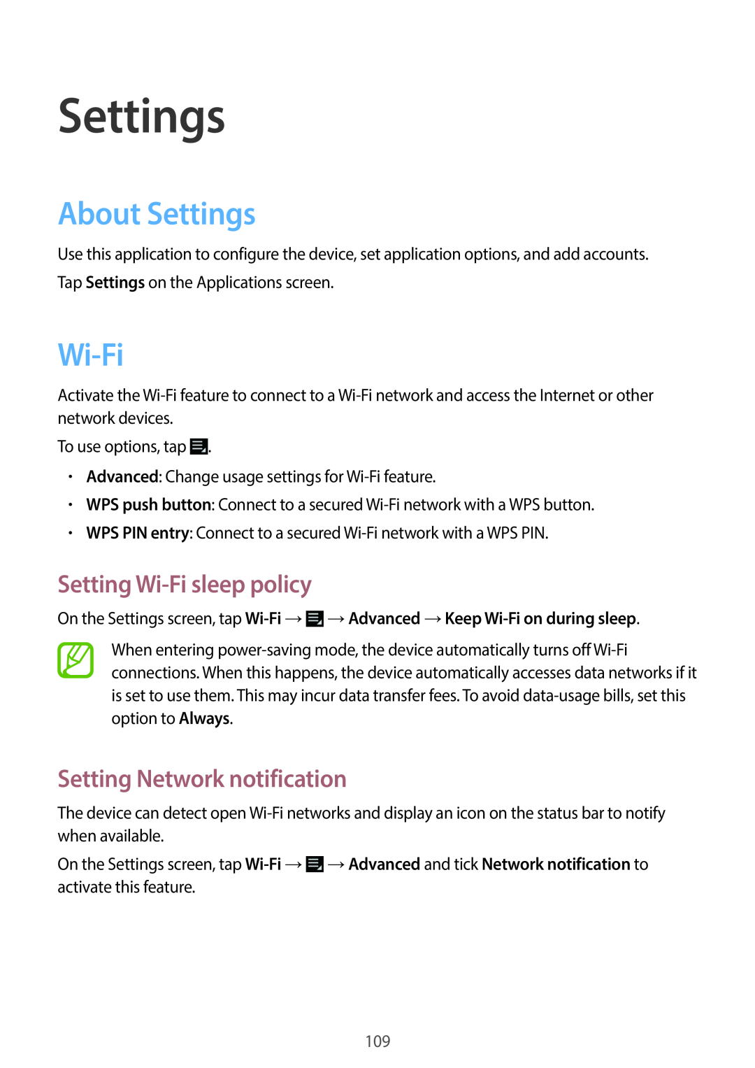 Samsung EK-GC100 user manual About Settings, Setting Wi-Fi sleep policy, Setting Network notification 