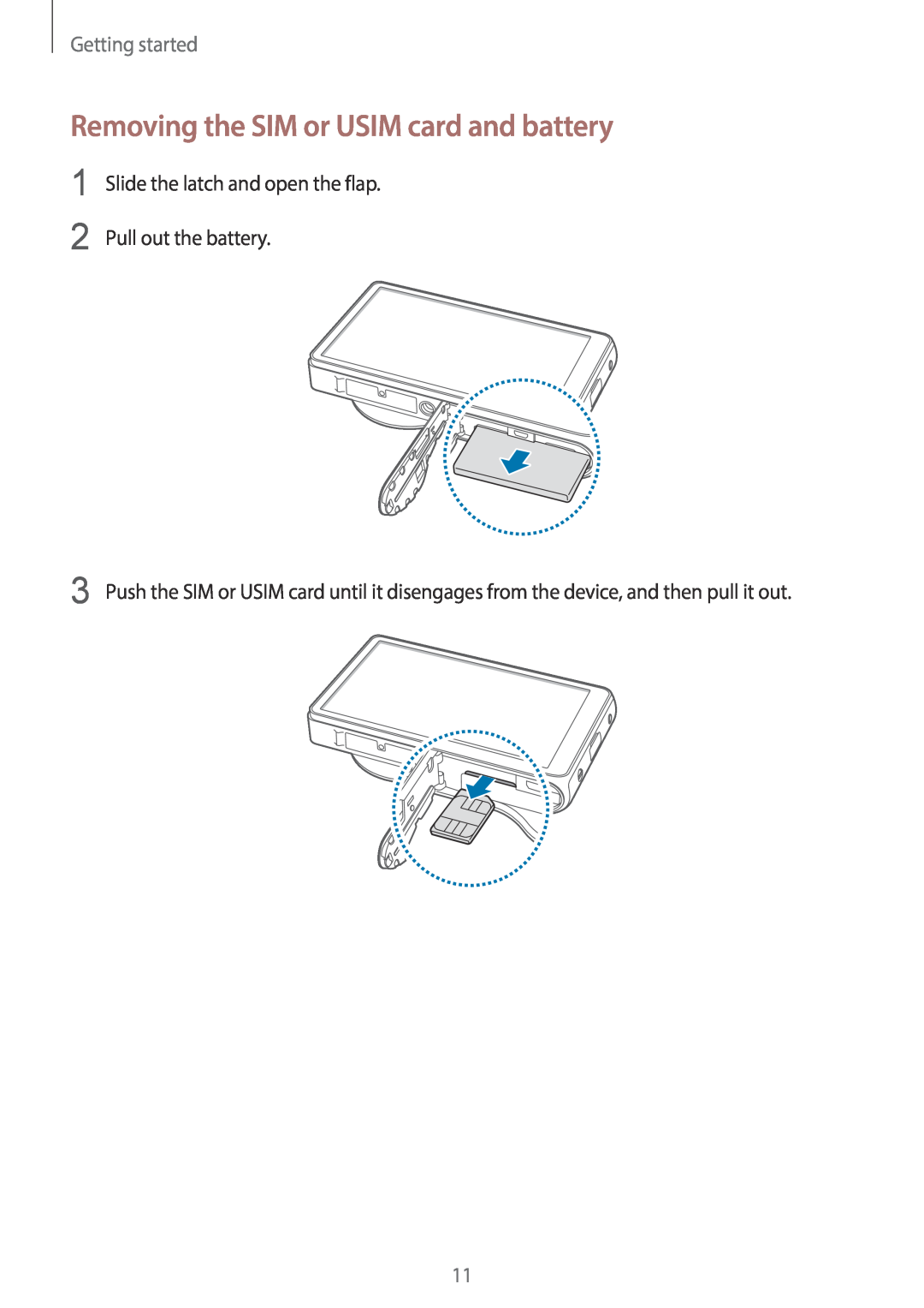 Samsung EK-GC100 user manual Removing the SIM or USIM card and battery, Getting started 