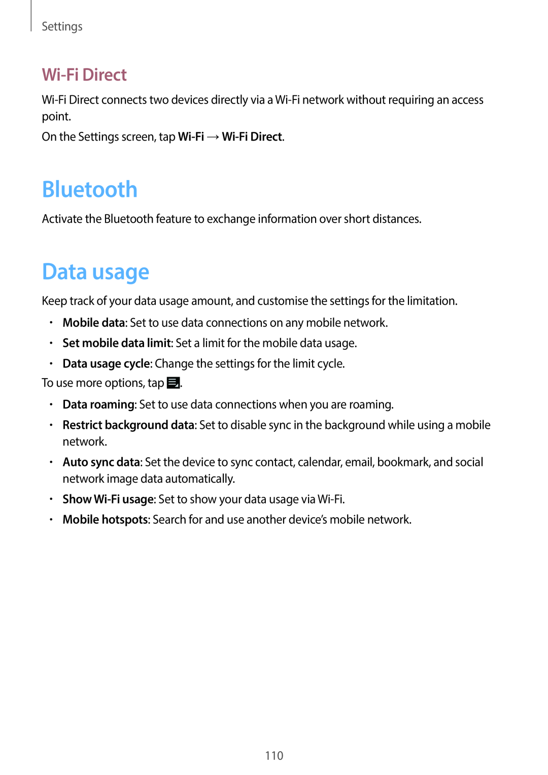 Samsung EK-GC100 user manual Data usage, Wi-Fi Direct, Settings, Bluetooth 