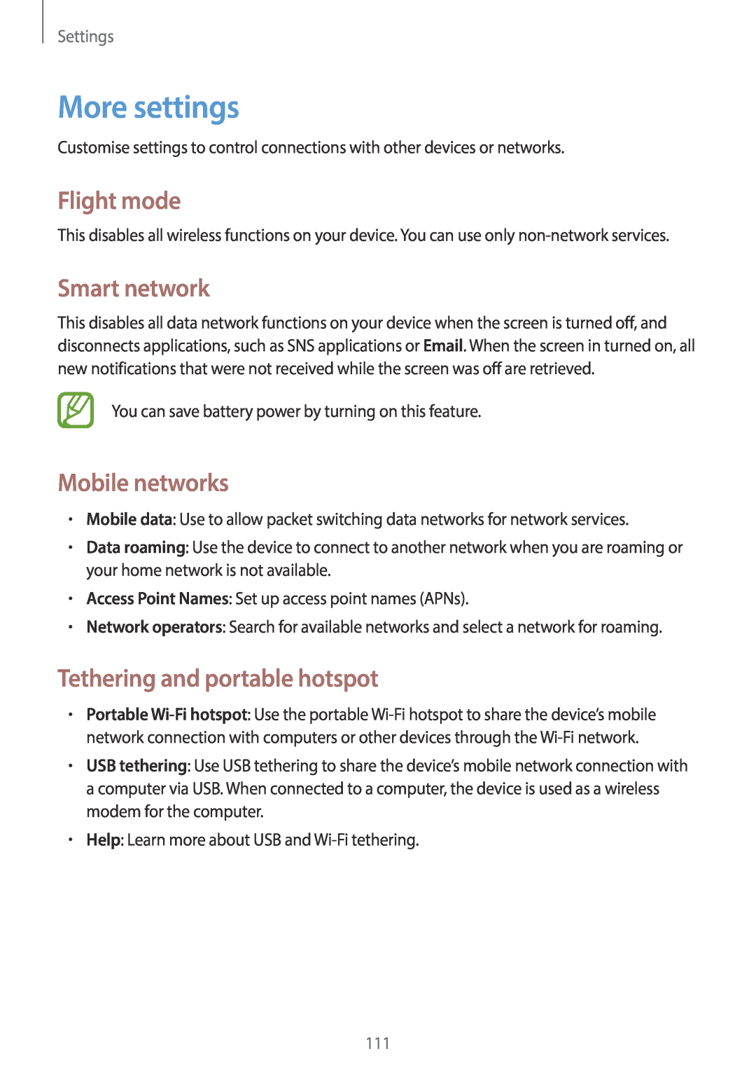 Samsung EK-GC100 More settings, Flight mode, Smart network, Mobile networks, Tethering and portable hotspot, Settings 