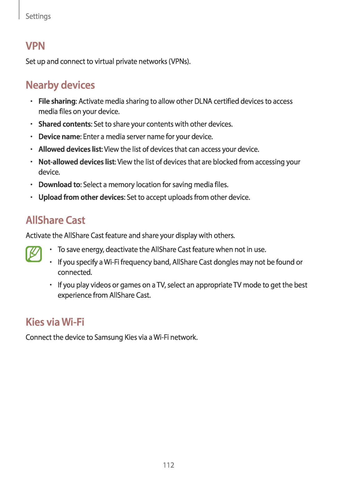 Samsung EK-GC100 user manual Nearby devices, AllShare Cast, Kies via Wi-Fi, Settings 