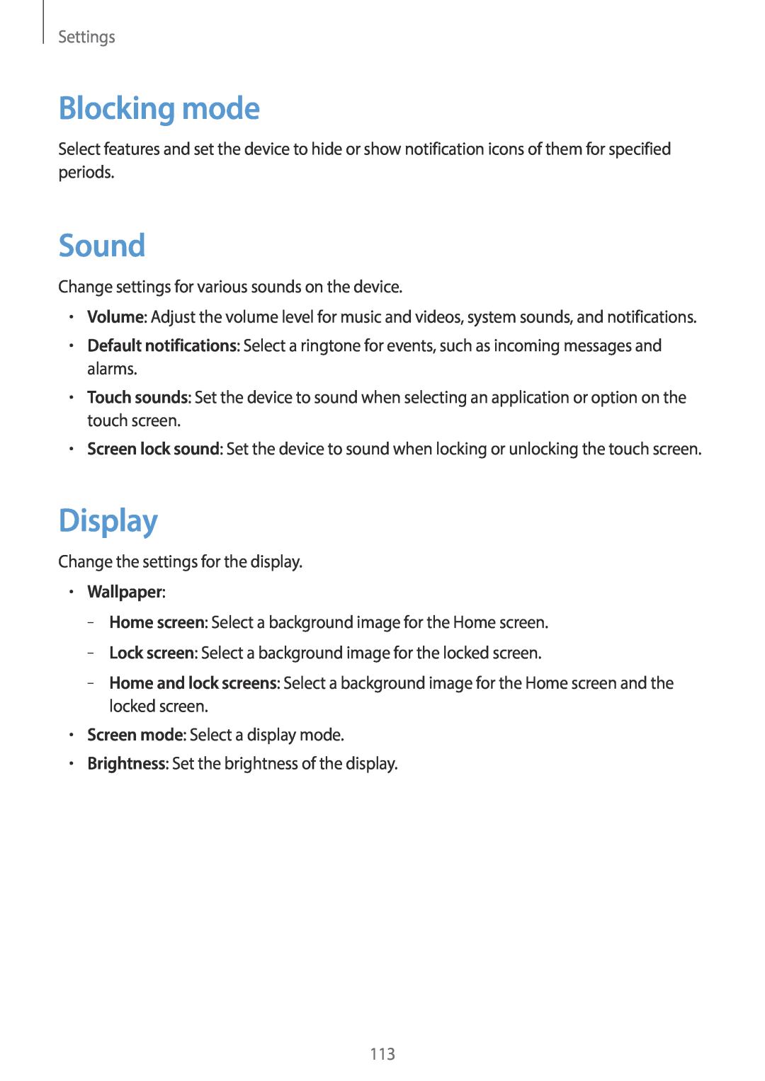 Samsung EK-GC100 user manual Blocking mode, Sound, Display, Wallpaper, Settings 