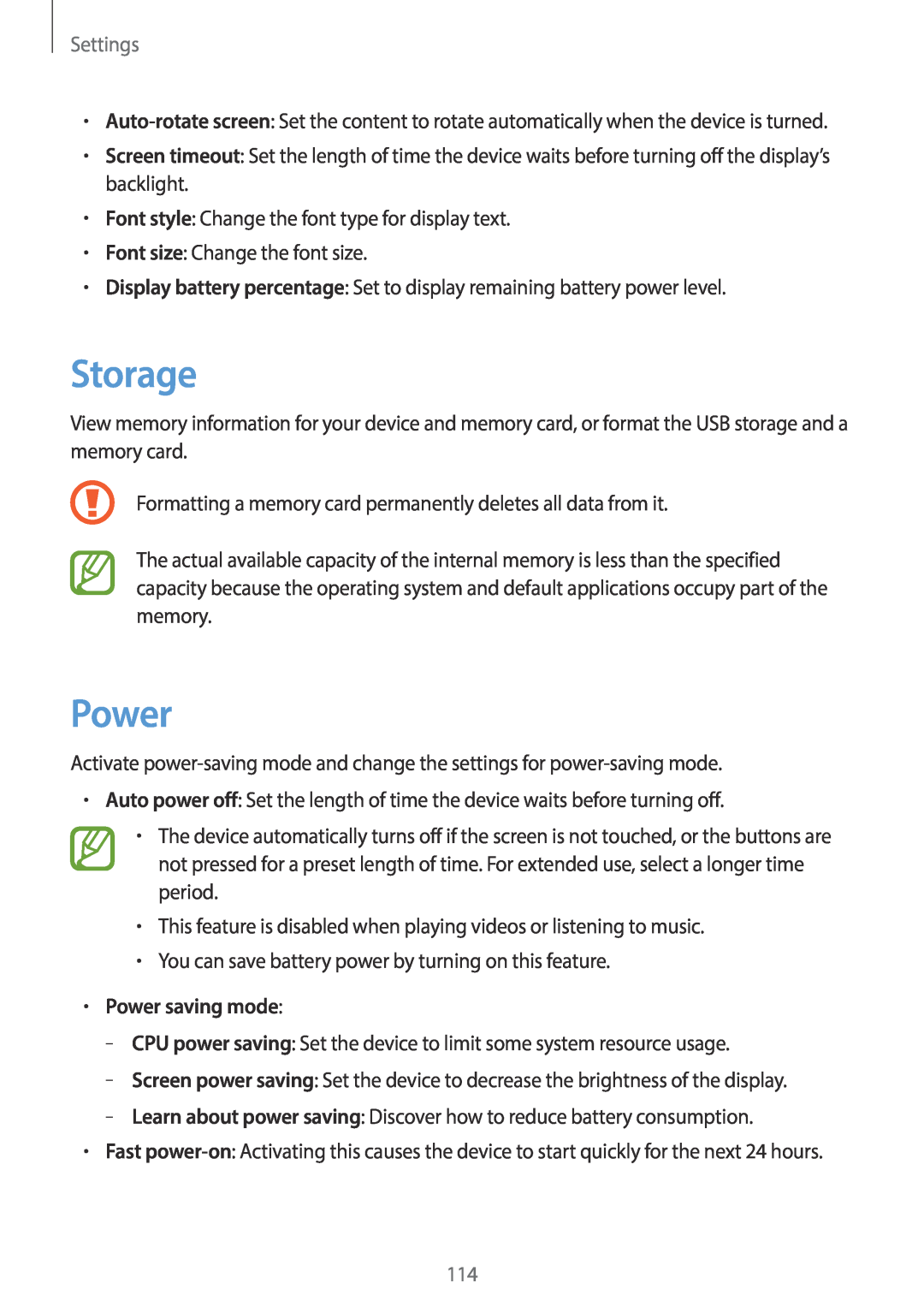 Samsung EK-GC100 user manual Storage, Power saving mode, Settings 