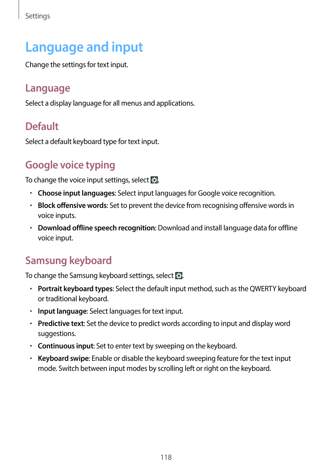 Samsung EK-GC100 user manual Language and input, Default, Google voice typing, Samsung keyboard, Settings 