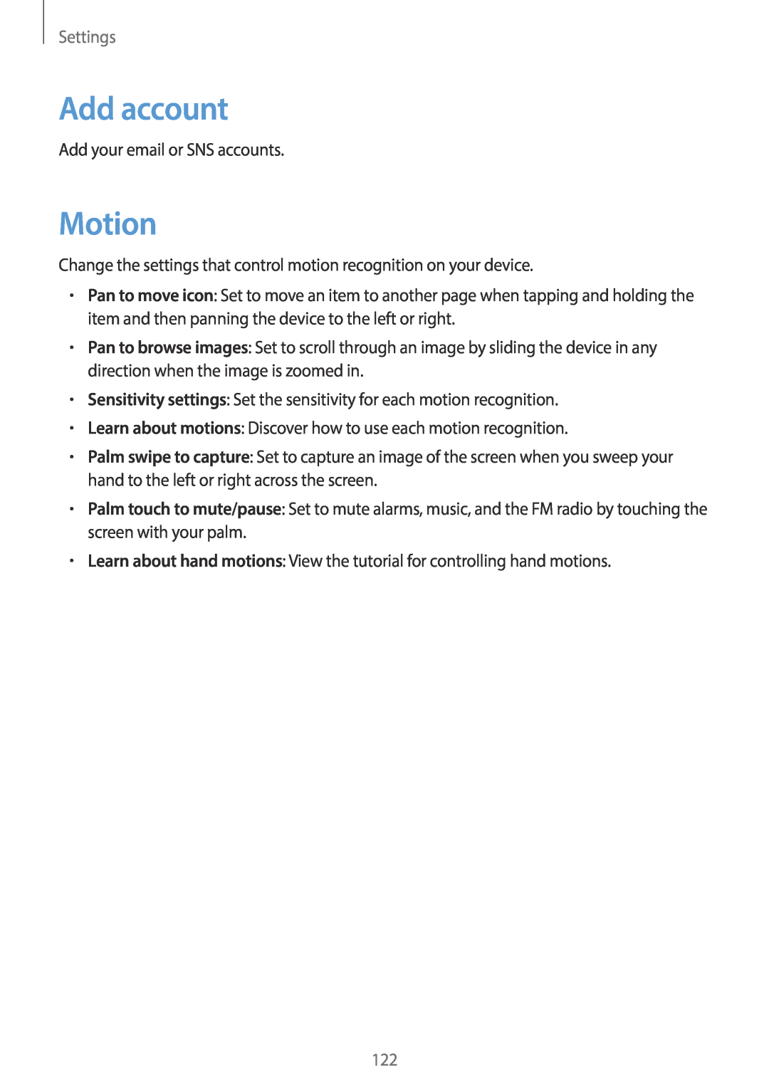 Samsung EK-GC100 user manual Add account, Motion, Settings 