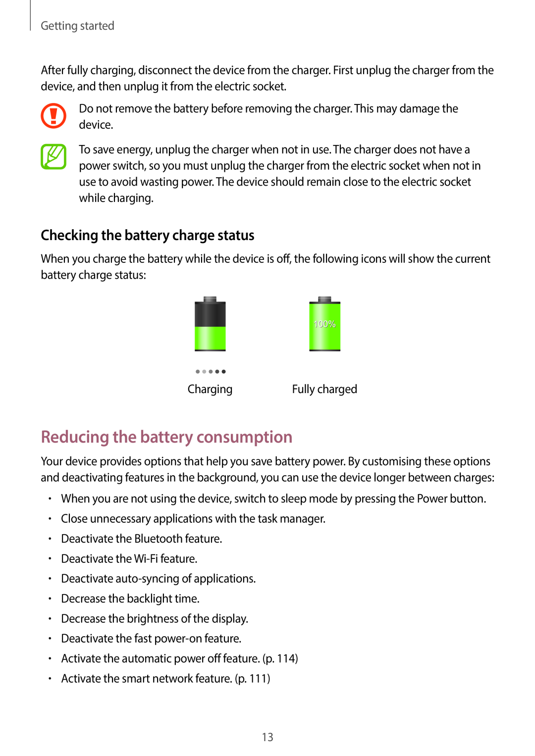 Samsung EK-GC100 user manual Reducing the battery consumption, Checking the battery charge status, Getting started 