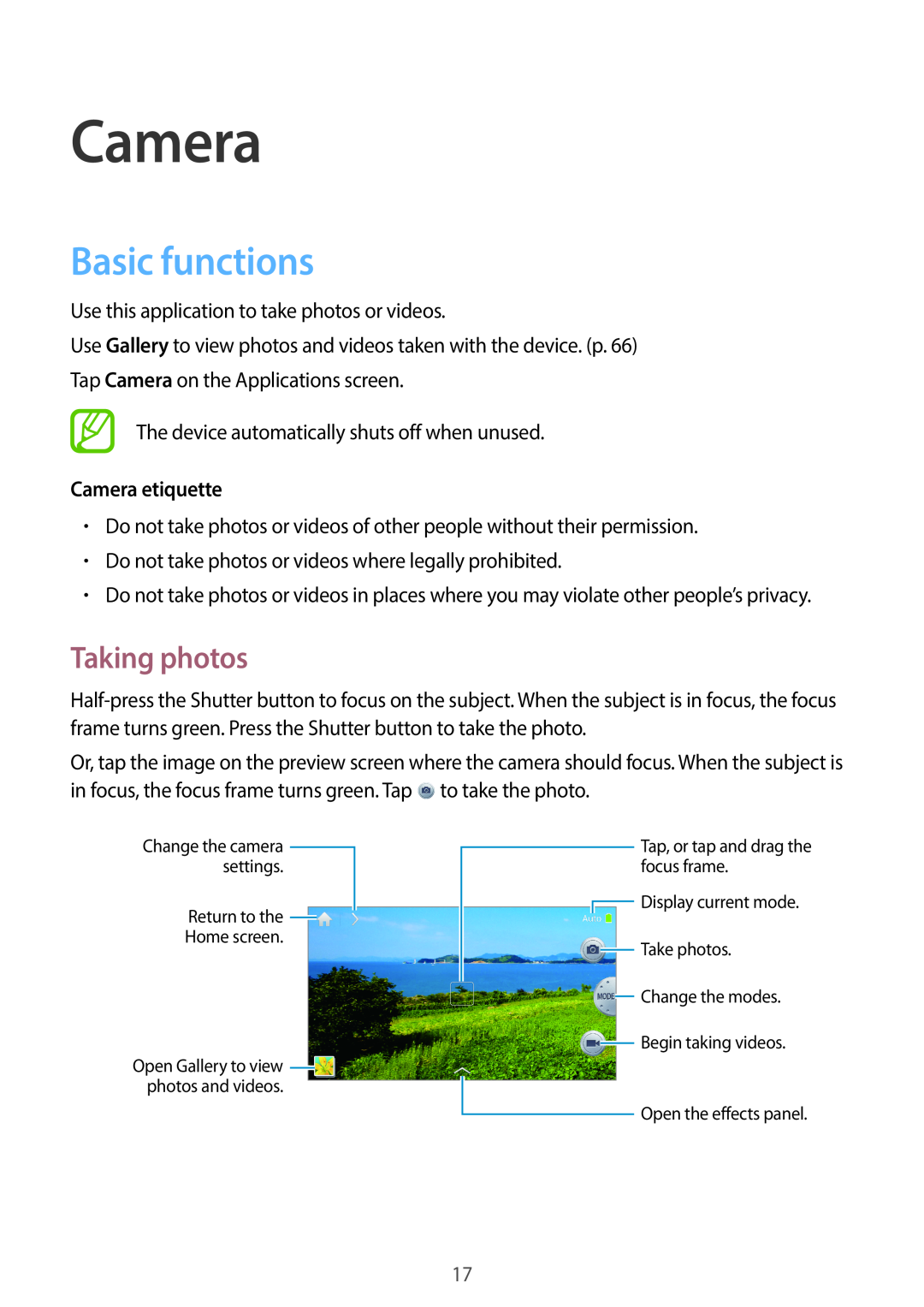 Samsung EK-GC100 user manual Basic functions, Taking photos, Camera etiquette 