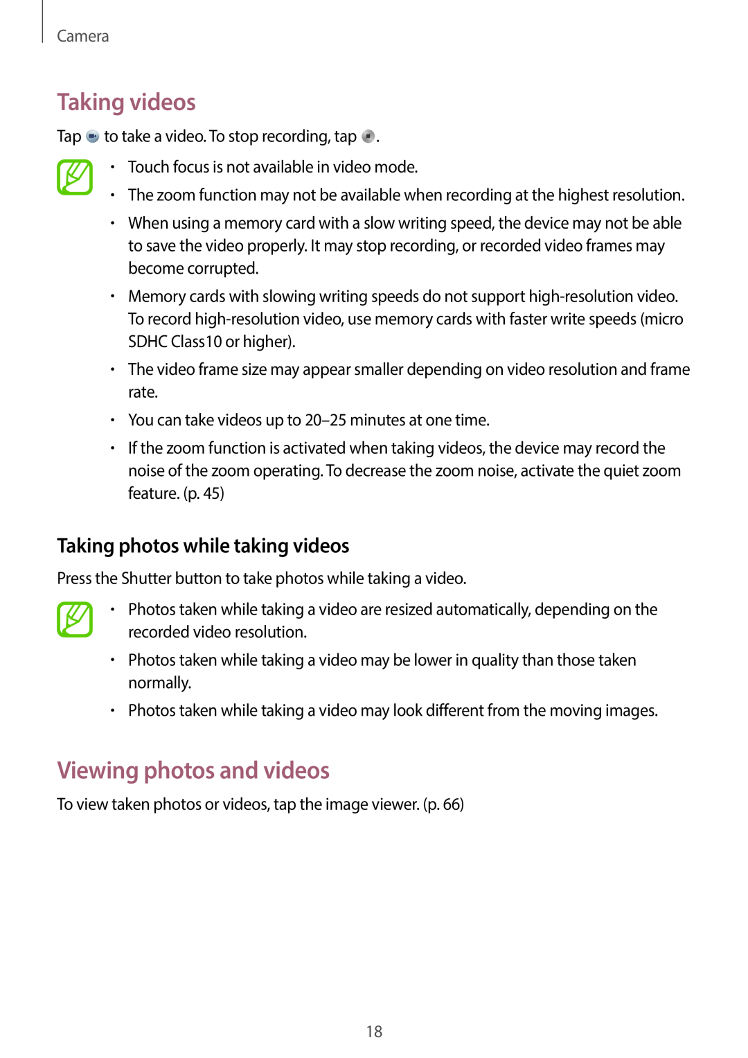 Samsung EK-GC100 user manual Taking videos, Viewing photos and videos, Taking photos while taking videos, Camera 