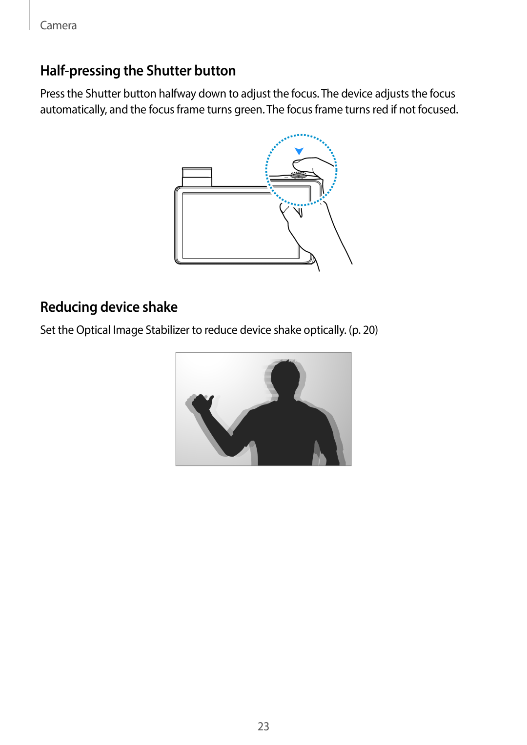 Samsung EK-GC100 user manual Half-pressing the Shutter button, Reducing device shake, Camera 