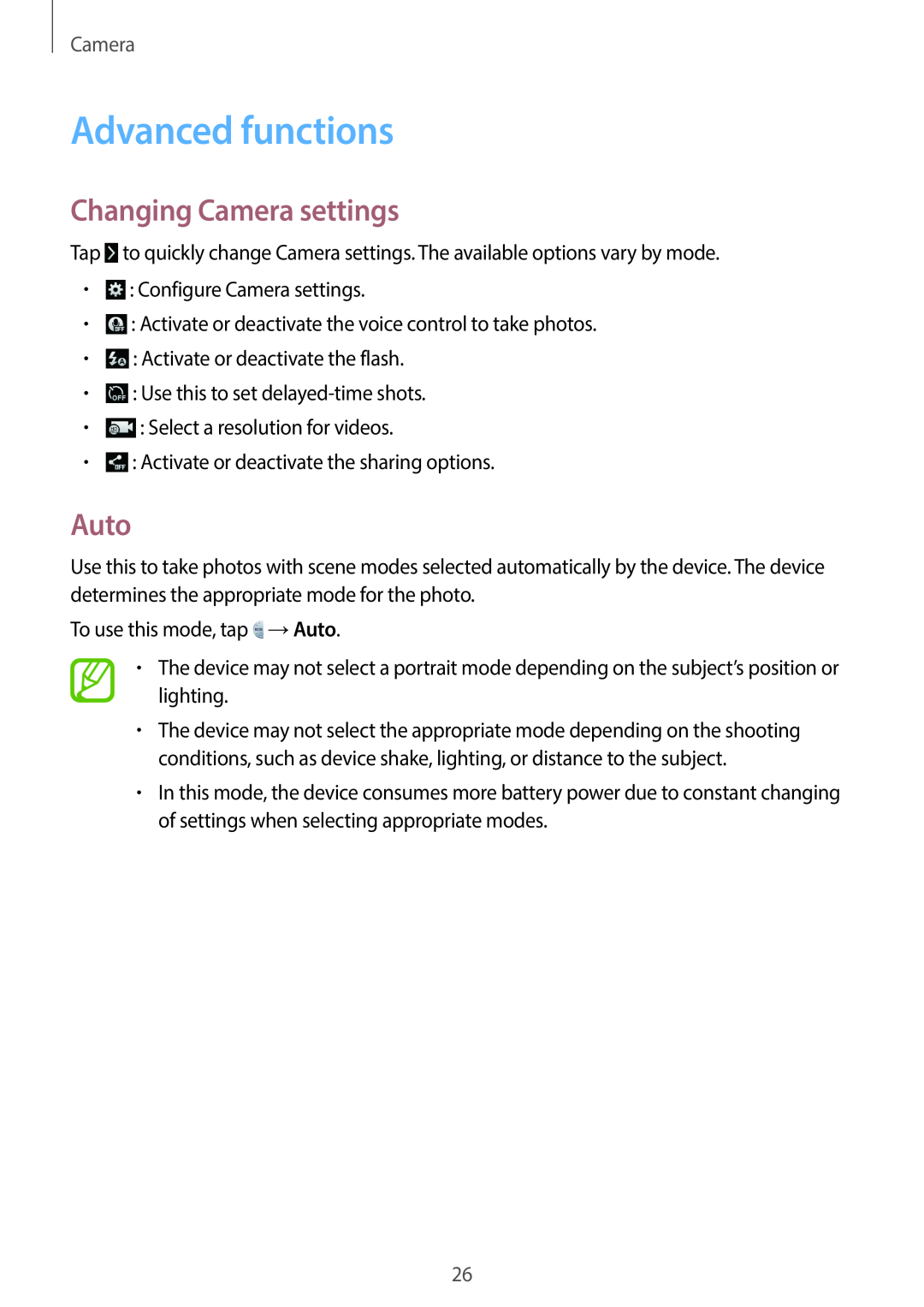 Samsung EK-GC100 user manual Advanced functions, Changing Camera settings, Auto 