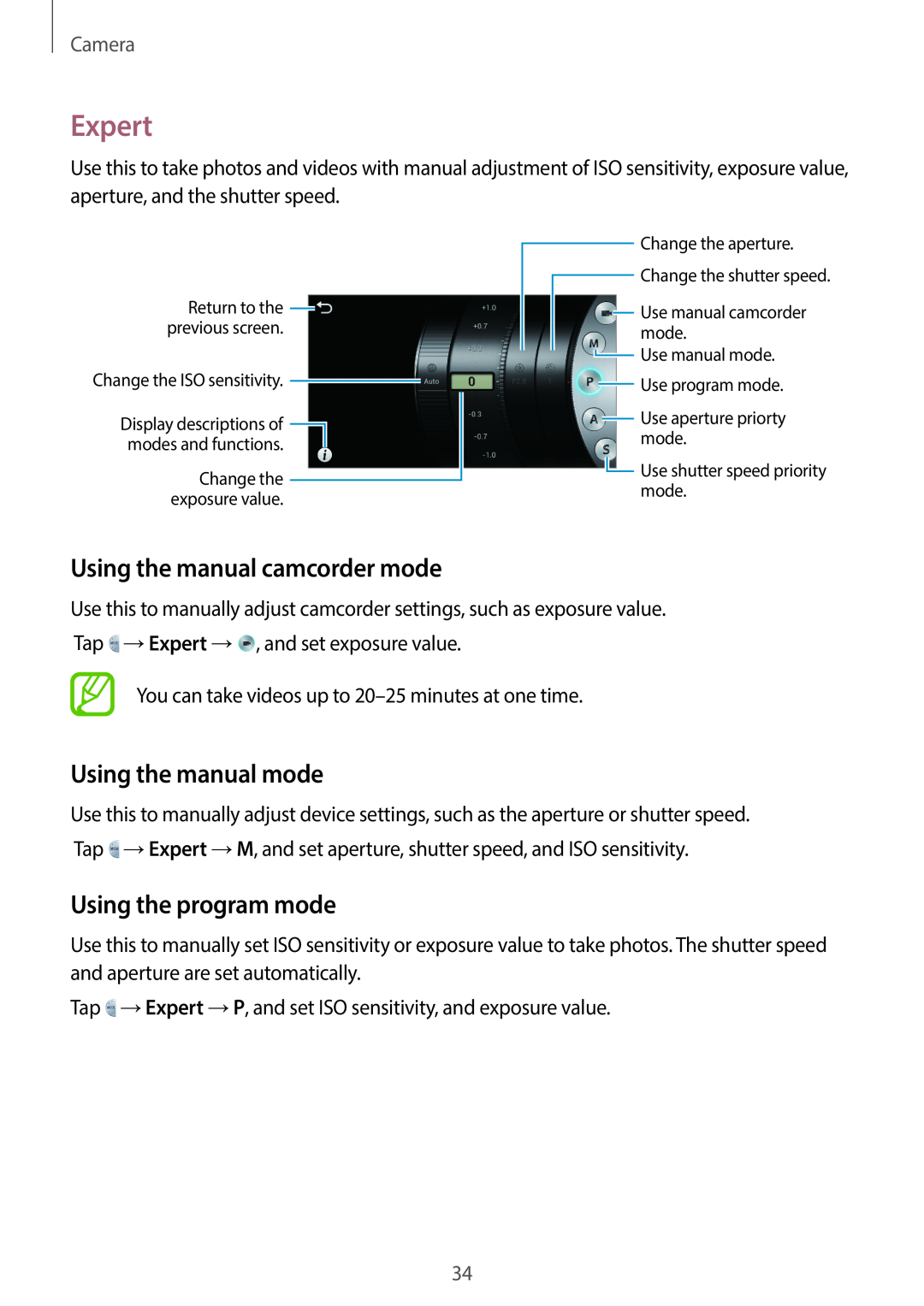 Samsung EK-GC100 user manual Expert, Using the manual camcorder mode, Using the manual mode, Using the program mode, Camera 